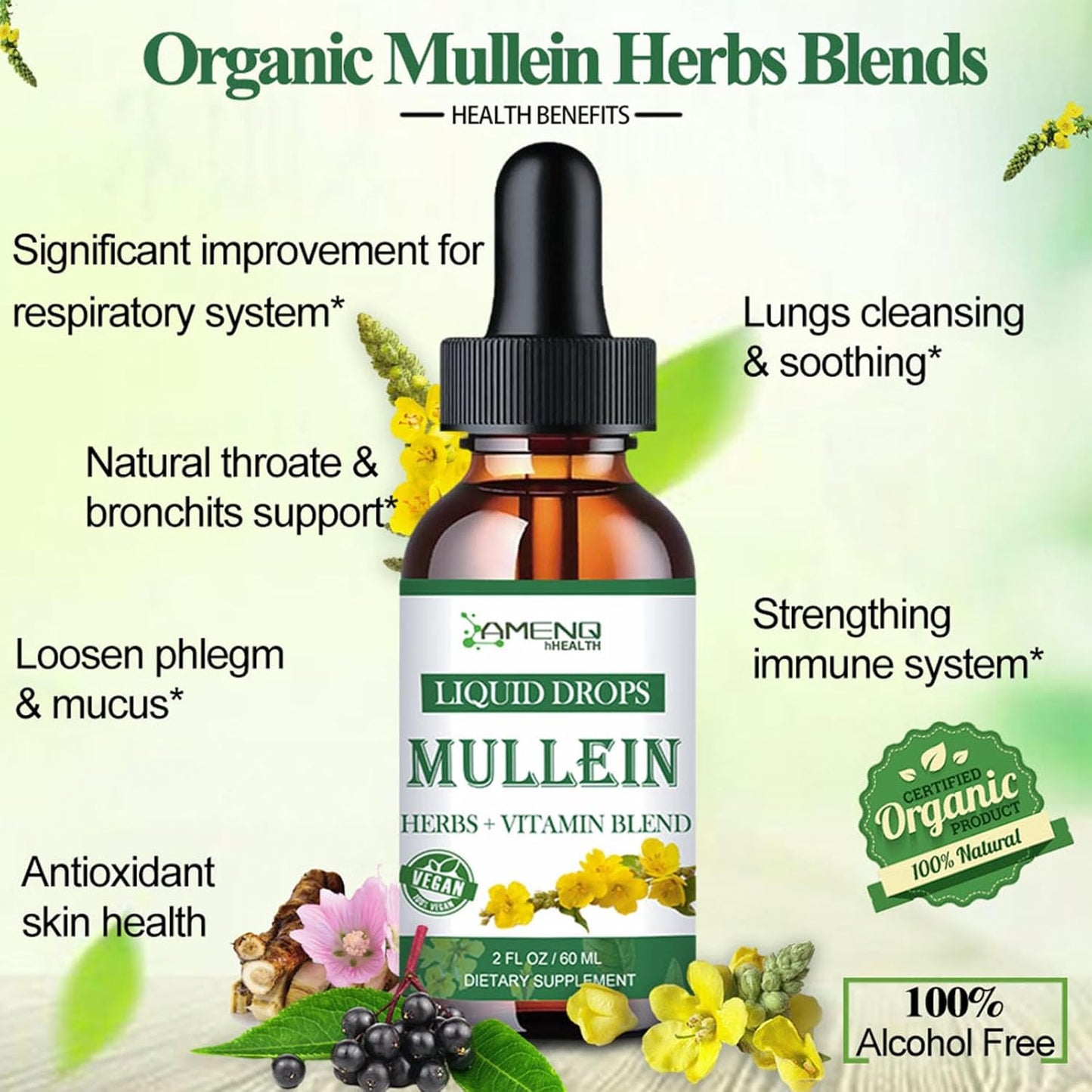 Organic Mullein Drops for Lung Health, Lung Cleanse Detox for Smokers, Mullein Leaf Extract for Respiratory Health - 2 FL/OZ