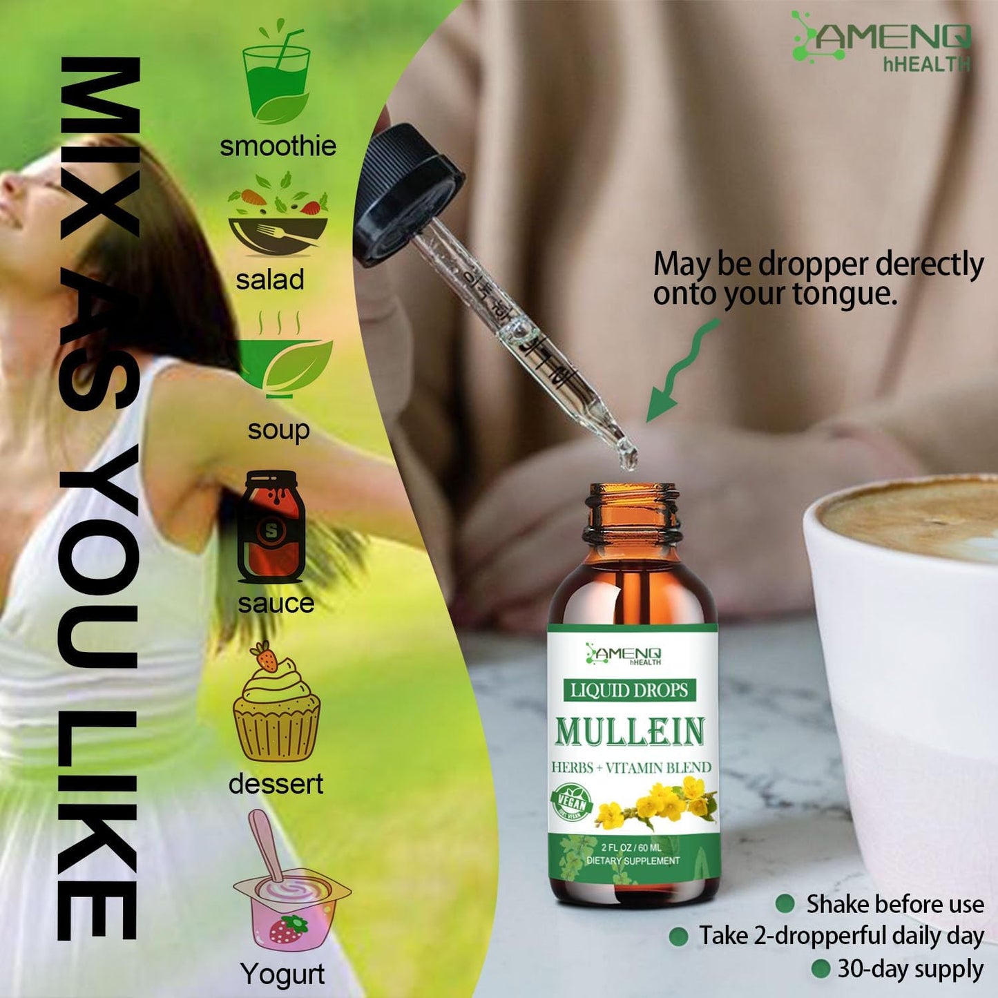 Organic Mullein Drops for Lung Health, Lung Cleanse Detox for Smokers, Mullein Leaf Extract for Respiratory Health - 2 FL/OZ