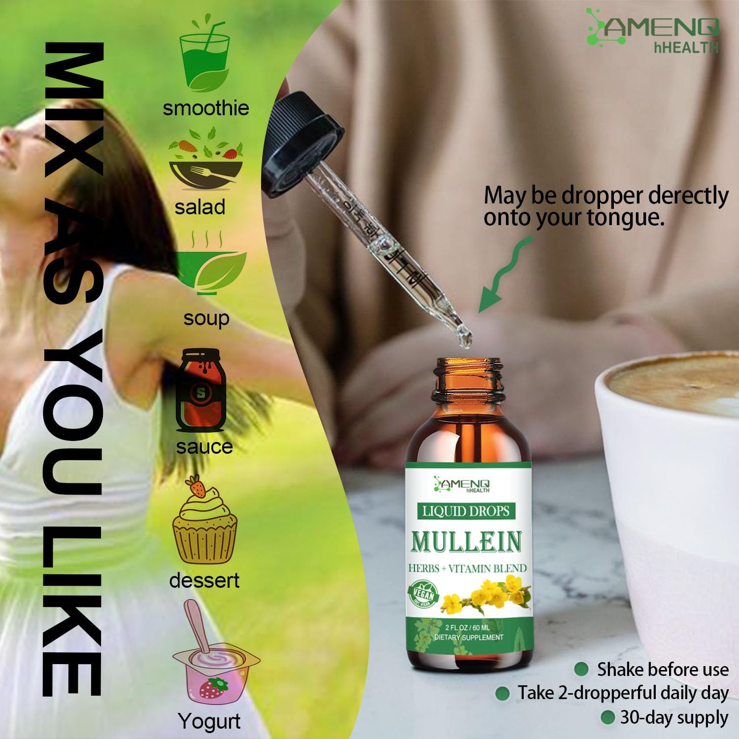 Organic Mullein Drops for Lung Health, Lung Cleanse Detox for Smokers, Mullein Leaf Extract for Respiratory Health - 2 FL/OZ