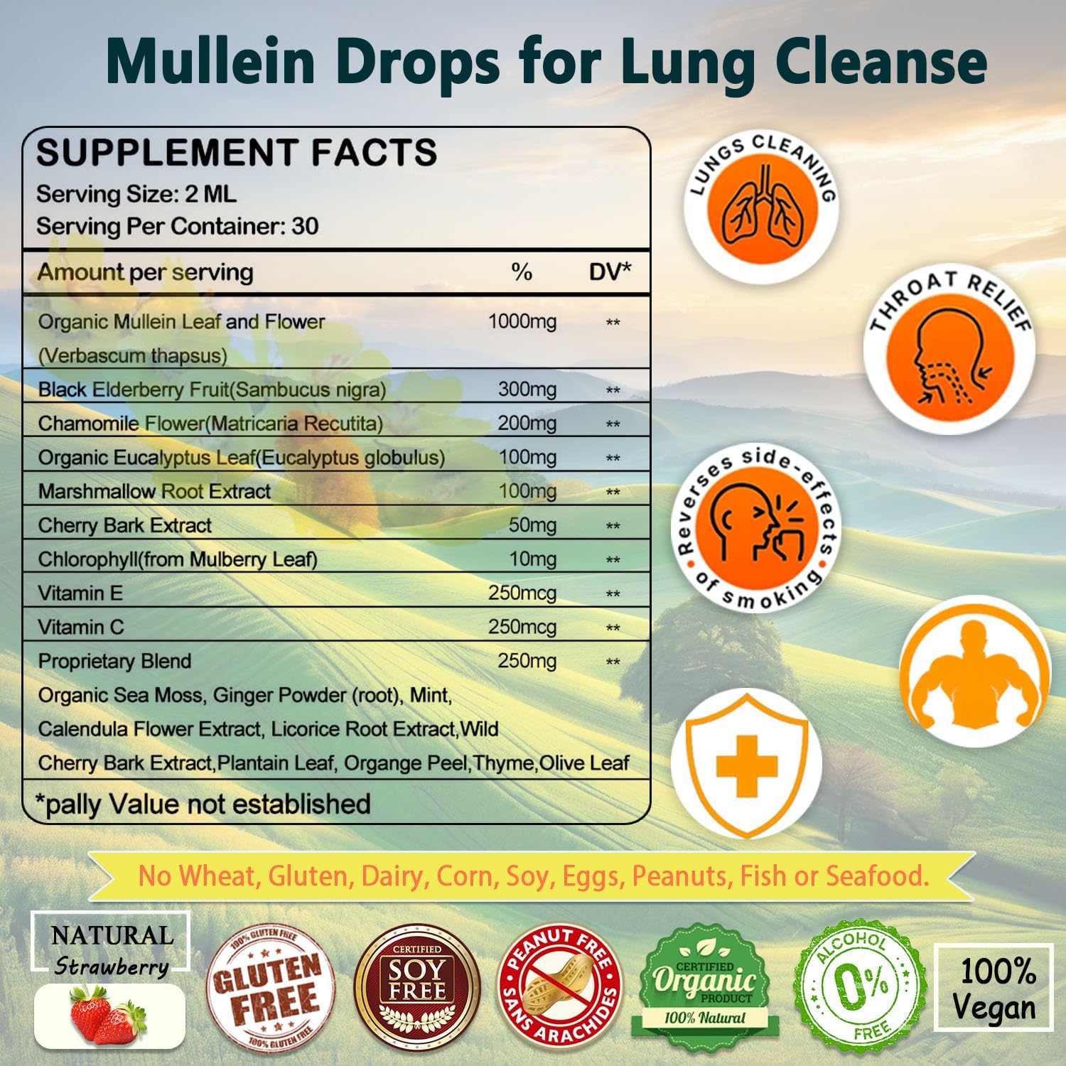 Organic Mullein Drops for Lung Health, Lung Cleanse Detox for Smokers, Mullein Leaf Extract for Respiratory Health - 2 FL/OZ