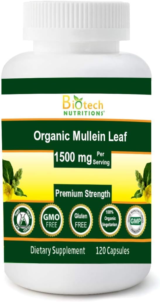 Organic Mullein Leaf 1500mg Capsules - 120 Vegetarian Capsules - USA Made Biotech Nutrition