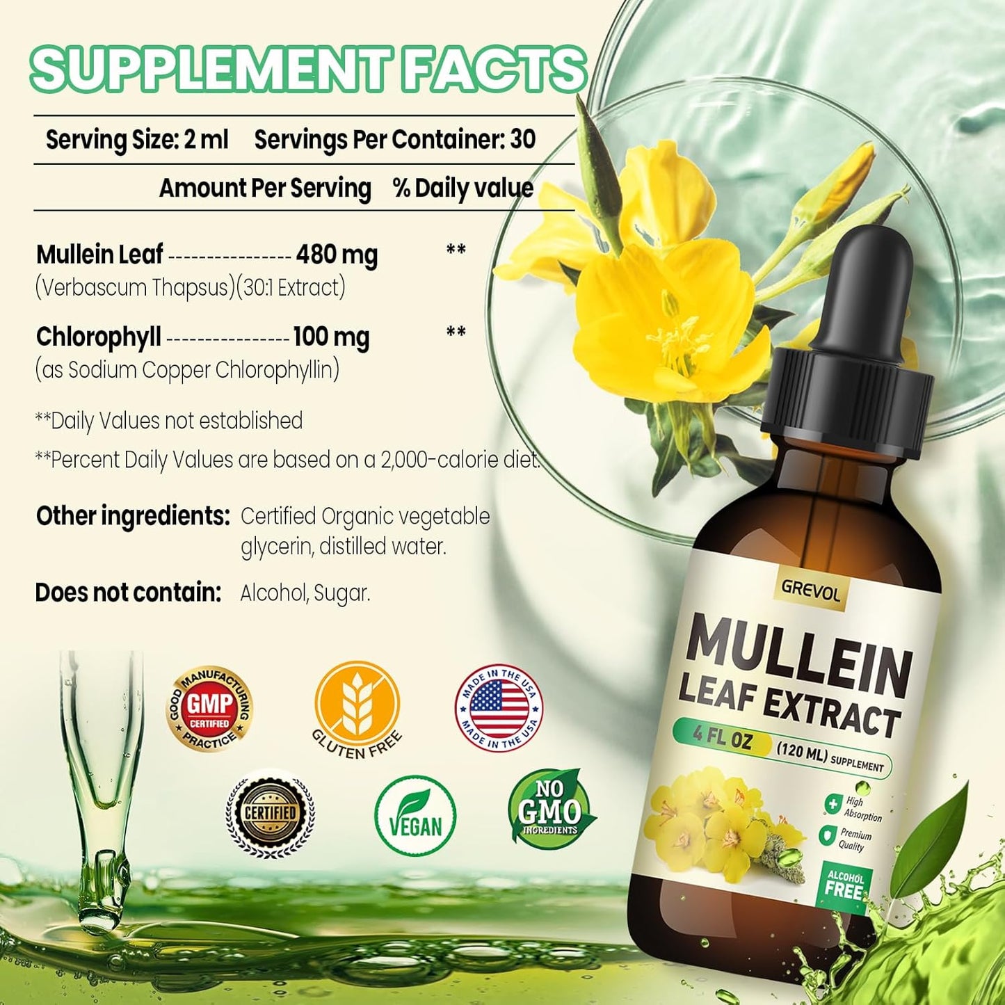 Organic Mullein Leaf 30:1 Extract Tincture for Lung Support - 4 Fl Oz Vegan Supplement with Chlorophyll for Respiratory Health
