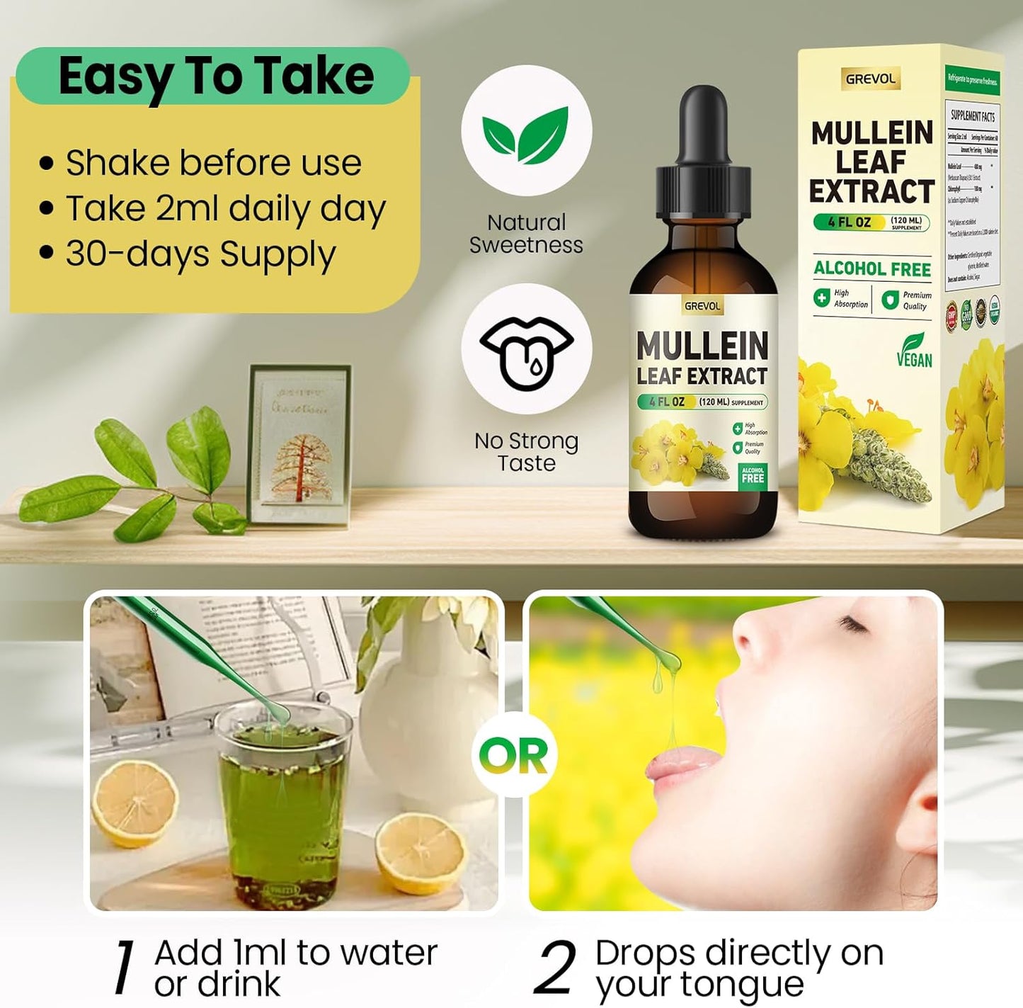 Organic Mullein Leaf 30:1 Extract Tincture for Lung Support - 4 Fl Oz Vegan Supplement with Chlorophyll for Respiratory Health