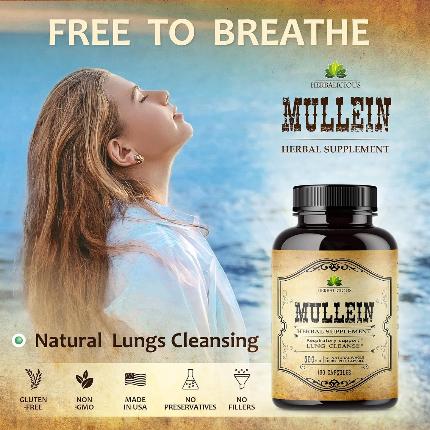 Organic Mullein Leaf Capsules - Lung & Digestive Wellness Supplement - Respiratory Support Pills - Vegan Non-GMO Herbal Extract - 100 Capsules