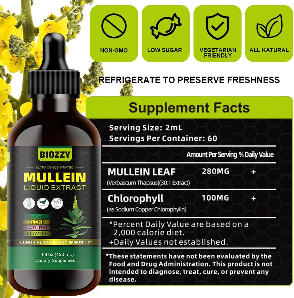 Organic Mullein Leaf Drops for Lung Health | Herbal Mullein Extract for Respiratory Support | Liquid Mullein Supplement