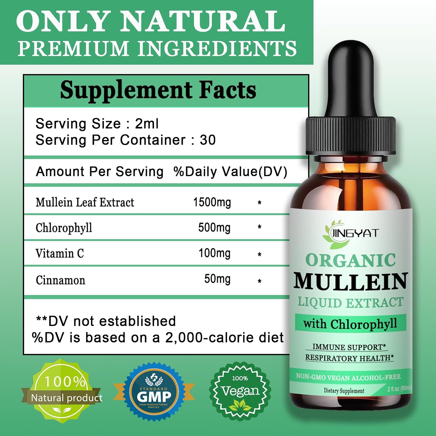Organic Mullein Leaf Drops with Chlorophyll, Vitamin C & Cinnamon for Immune & Respiratory Support