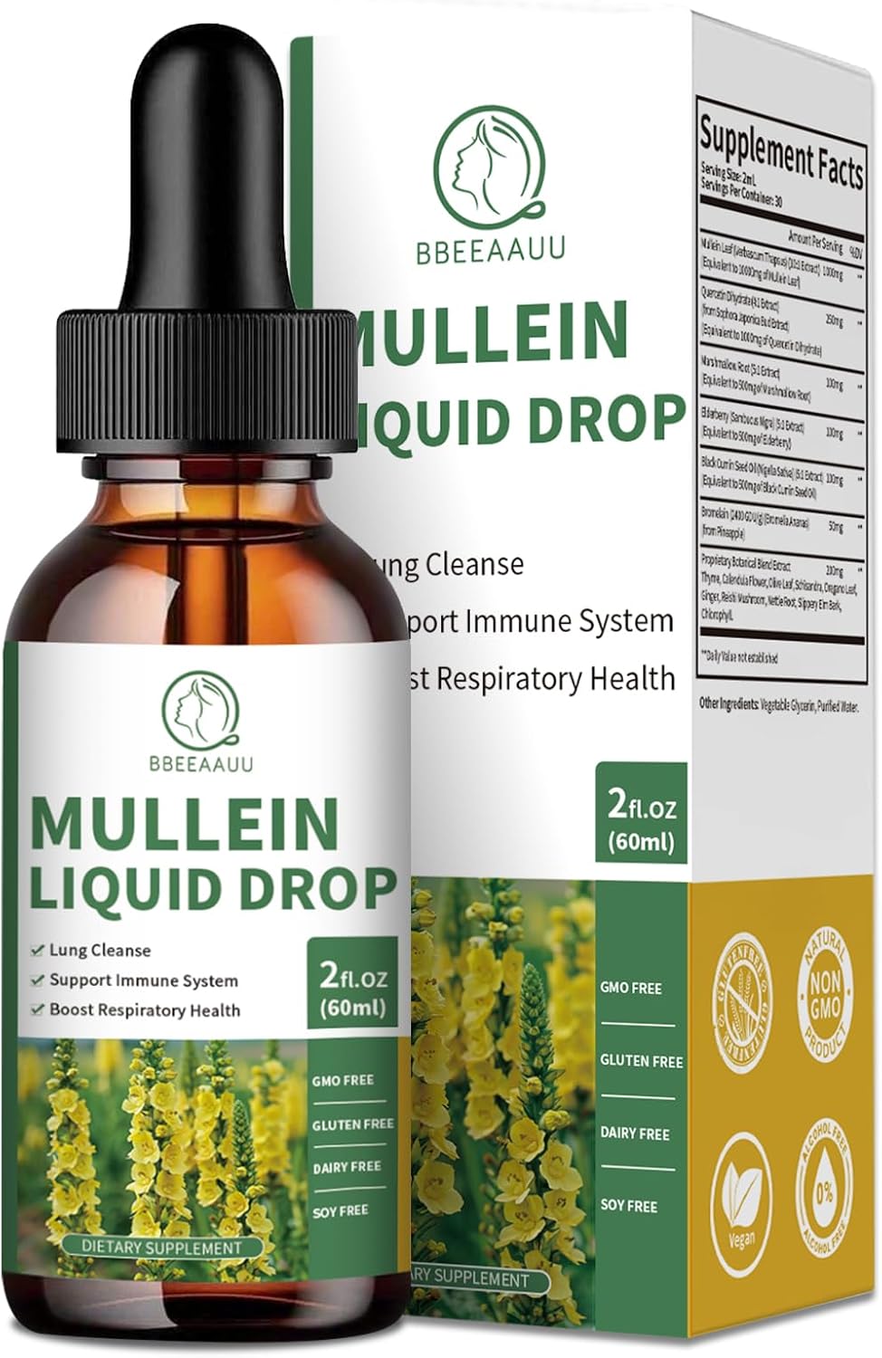Organic Mullein Leaf Drops with Quercetin & Elderberry for Lung & Immune Support - 1000MG Extract - Non-GMO, Vegan - 2 Fl Oz