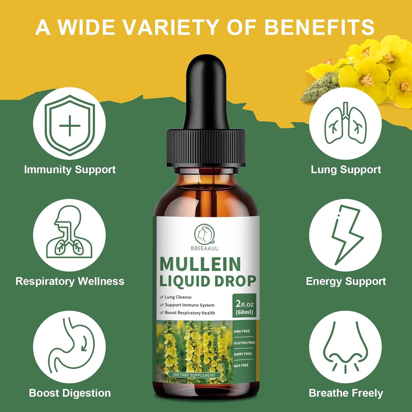 Organic Mullein Leaf Drops with Quercetin & Elderberry for Lung & Immune Support - 1000MG Extract - Non-GMO, Vegan - 2 Fl Oz