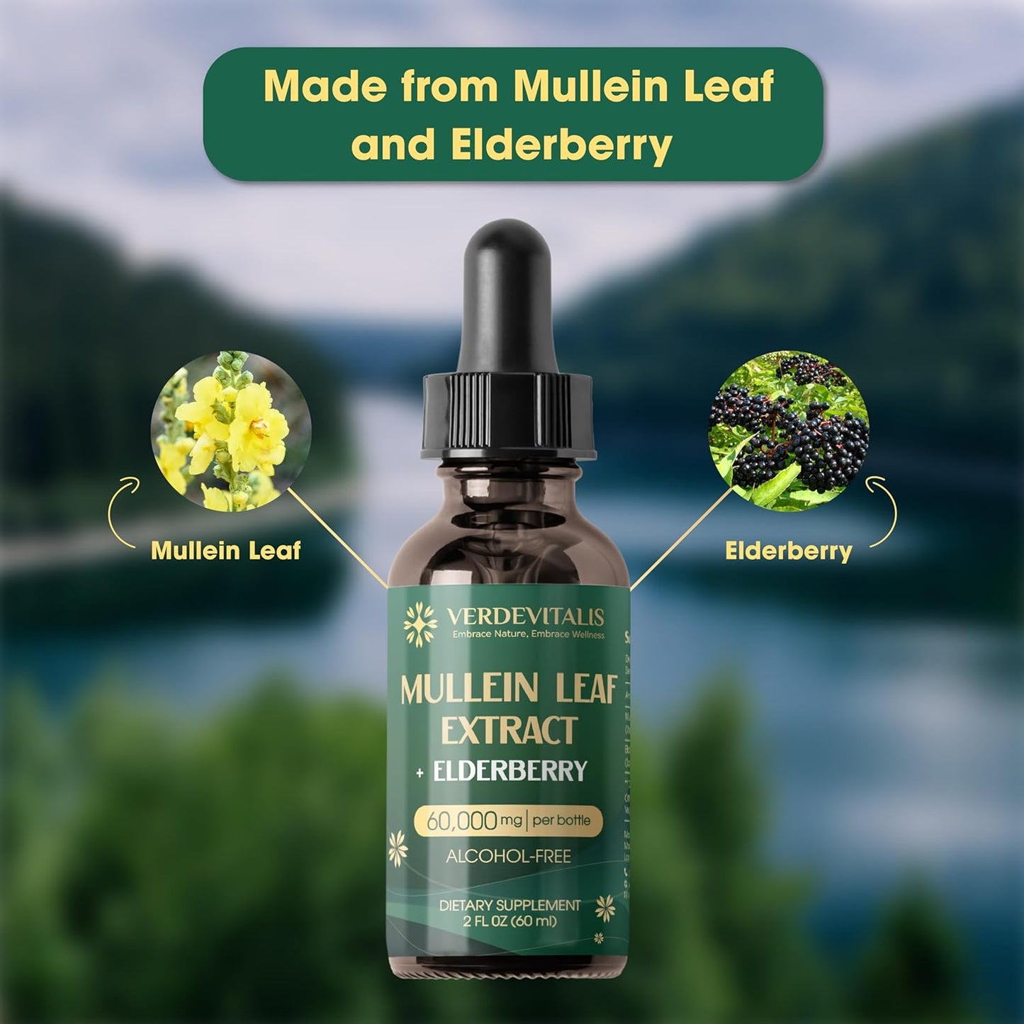 Organic Mullein Leaf & Elderberry Drops for Lung Cleanse - Immune Support Tincture - Herbal Supplement for Detox - 2 Fl Oz