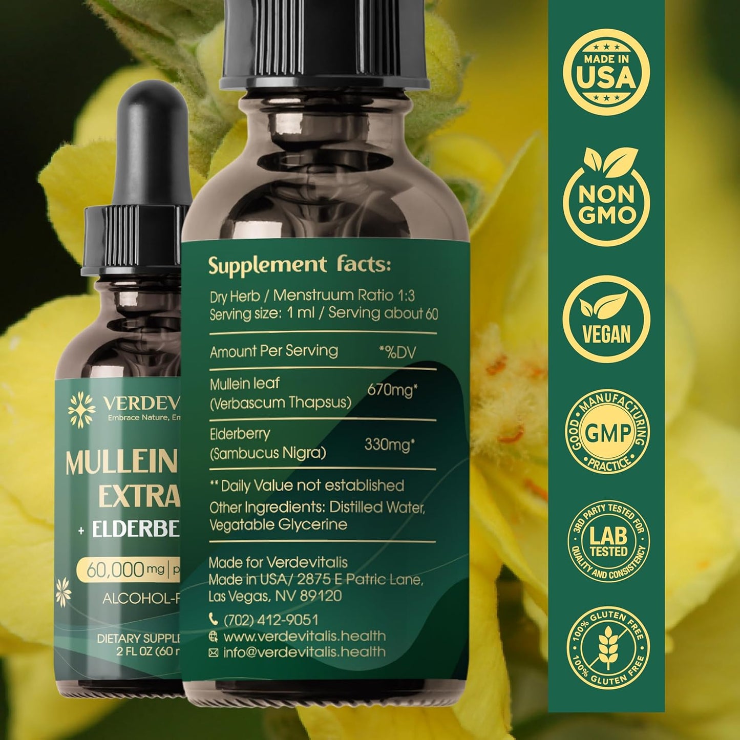 Organic Mullein Leaf & Elderberry Drops for Lung Cleanse - Immune Support Tincture - Herbal Supplement for Detox - 2 Fl Oz