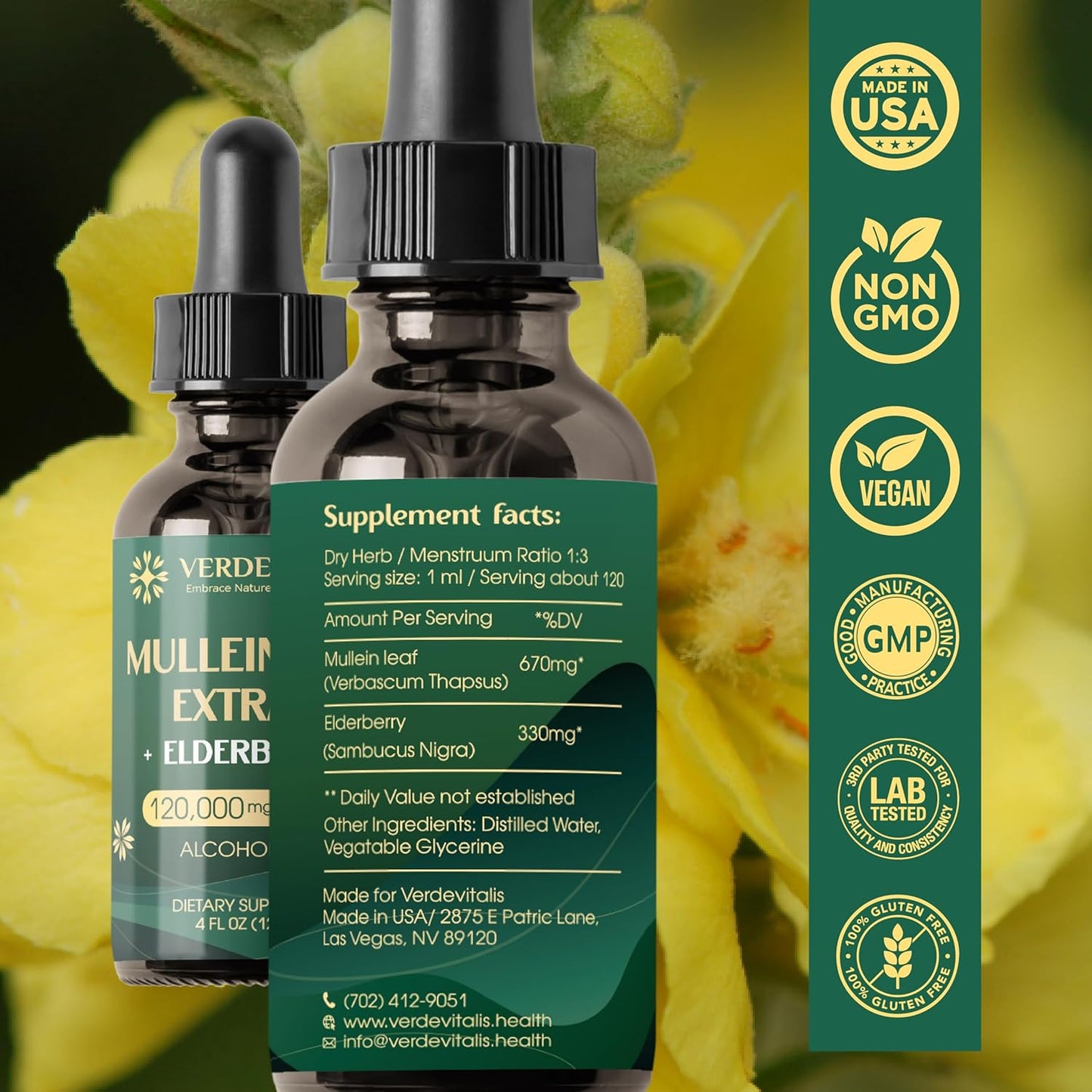 Organic Mullein Leaf & Elderberry Extract Drops for Lung Support - Respiratory System Cleanse & Detox Tincture - Herbal Supplement - Non-GMO - 4 Fl Oz - Made in USA