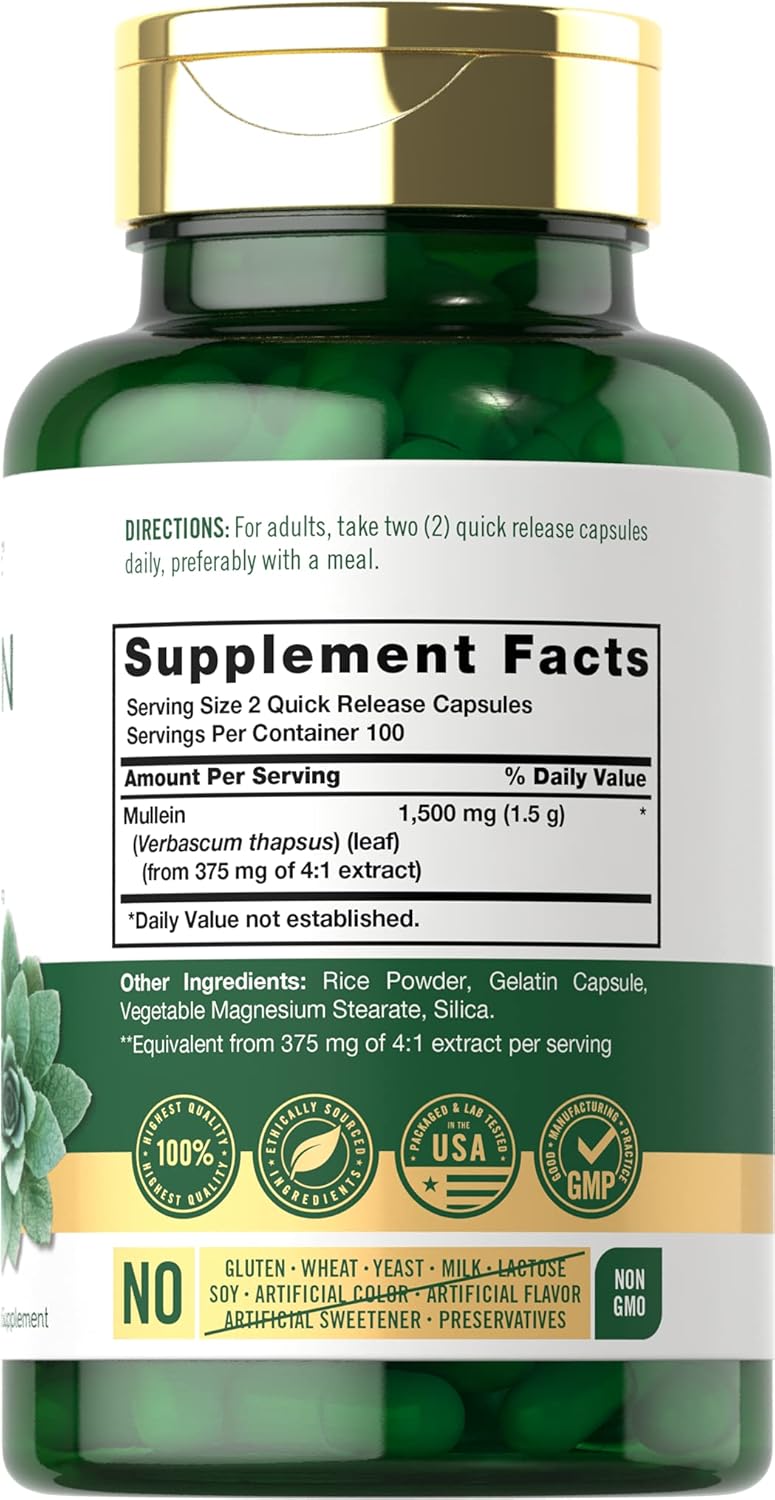 Organic Mullein Leaf Extract 1500mg | 200 Capsules | Verbascum Thapsus | Non-GMO, Gluten Free Supplement