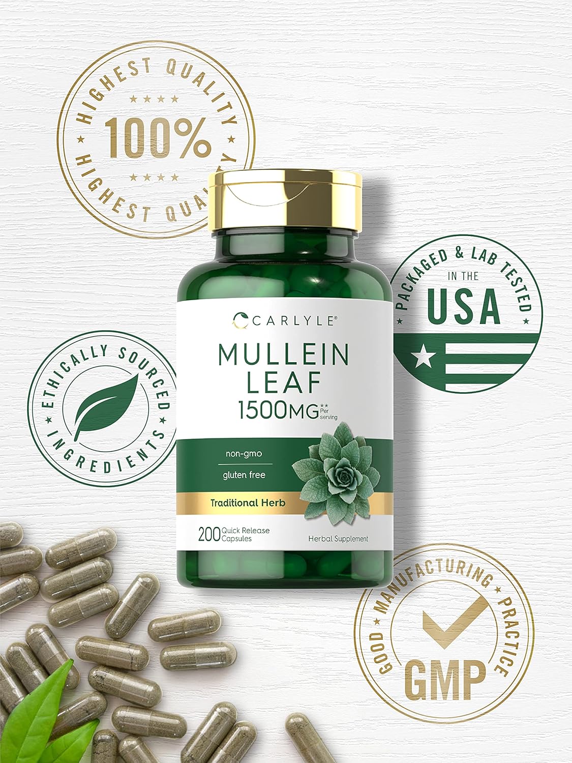 Organic Mullein Leaf Extract 1500mg | 200 Capsules | Verbascum Thapsus | Non-GMO, Gluten Free Supplement