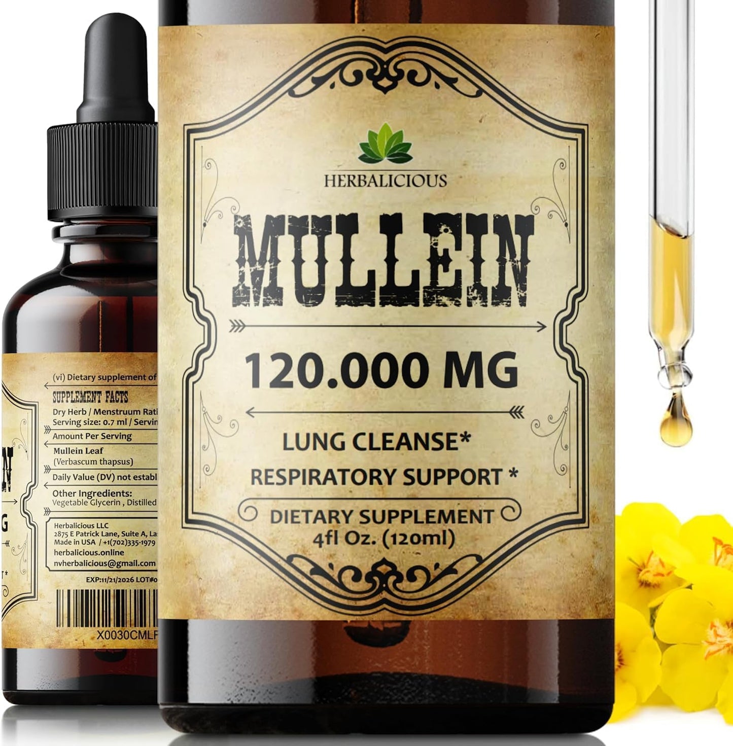 Organic Mullein Leaf Extract Drops - Lung Cleanse Supplement - Vegan & Non-GMO - 4 Fl Oz Bottle