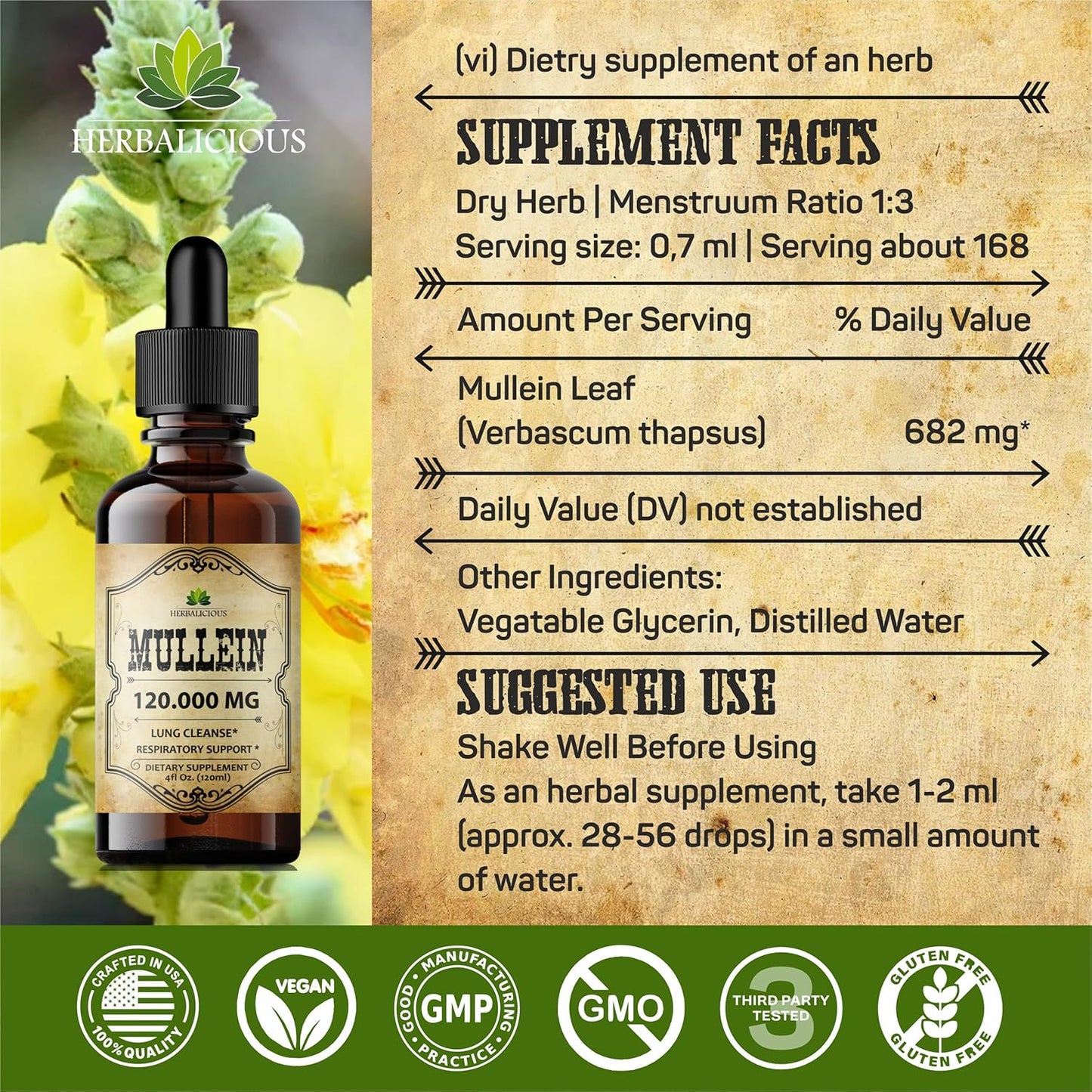 Organic Mullein Leaf Extract Drops - Lung Cleanse Supplement - Vegan & Non-GMO - 4 Fl Oz Bottle