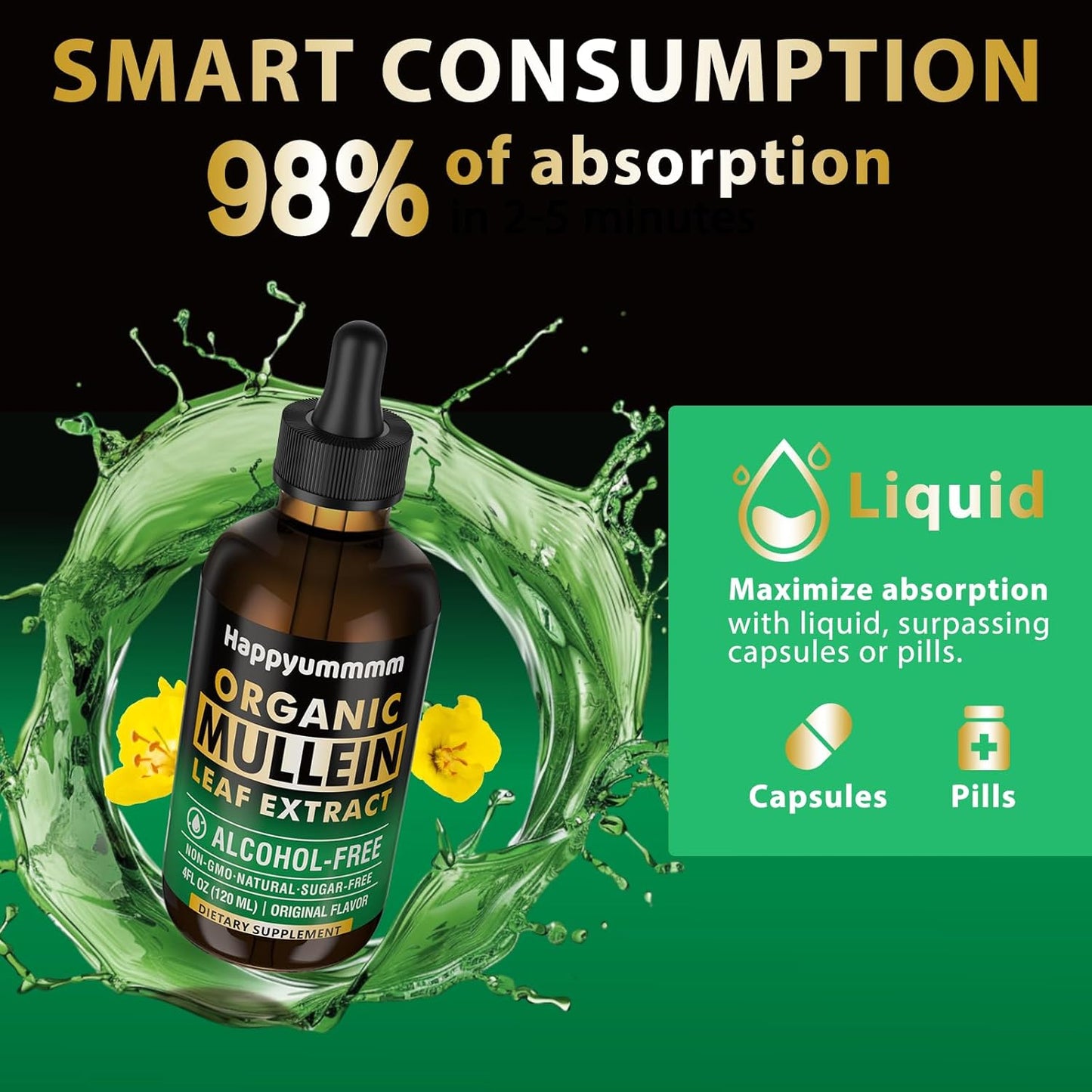 Organic Mullein Leaf Extract Drops for Lung Cleanse - Vegan Tincture with Chlorophyll - Immune and Respiratory Support - 4 fl oz