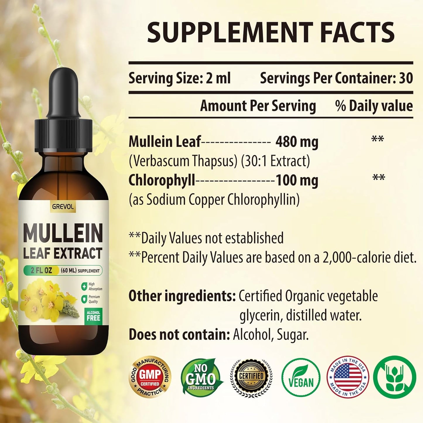 Organic Mullein Leaf Extract Drops for Lungs Detox & Immune Support - Herbal Supplement with Chlorophyll - Non-GMO Vegan Tincture - 2 Fl Oz