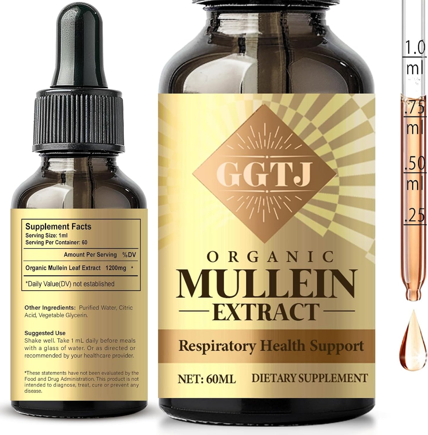 Organic Mullein Leaf Extract Drops for Respiratory Health & Lung Cleanse - 2 Oz, Non-Alcohol & Sugar-Free Formula
