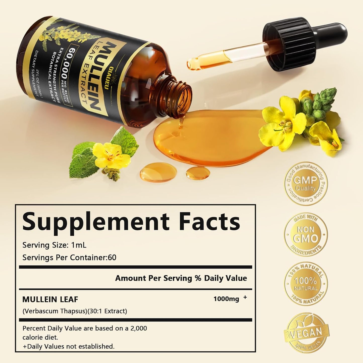 Organic Mullein Leaf Extract Drops for Respiratory Support and Lung Cleanse - 2 fl oz Bottle