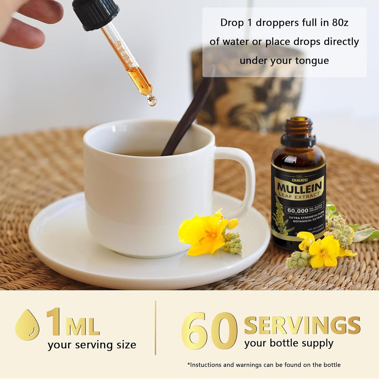 Organic Mullein Leaf Extract Drops for Respiratory Support and Lung Cleanse - 2 fl oz Bottle