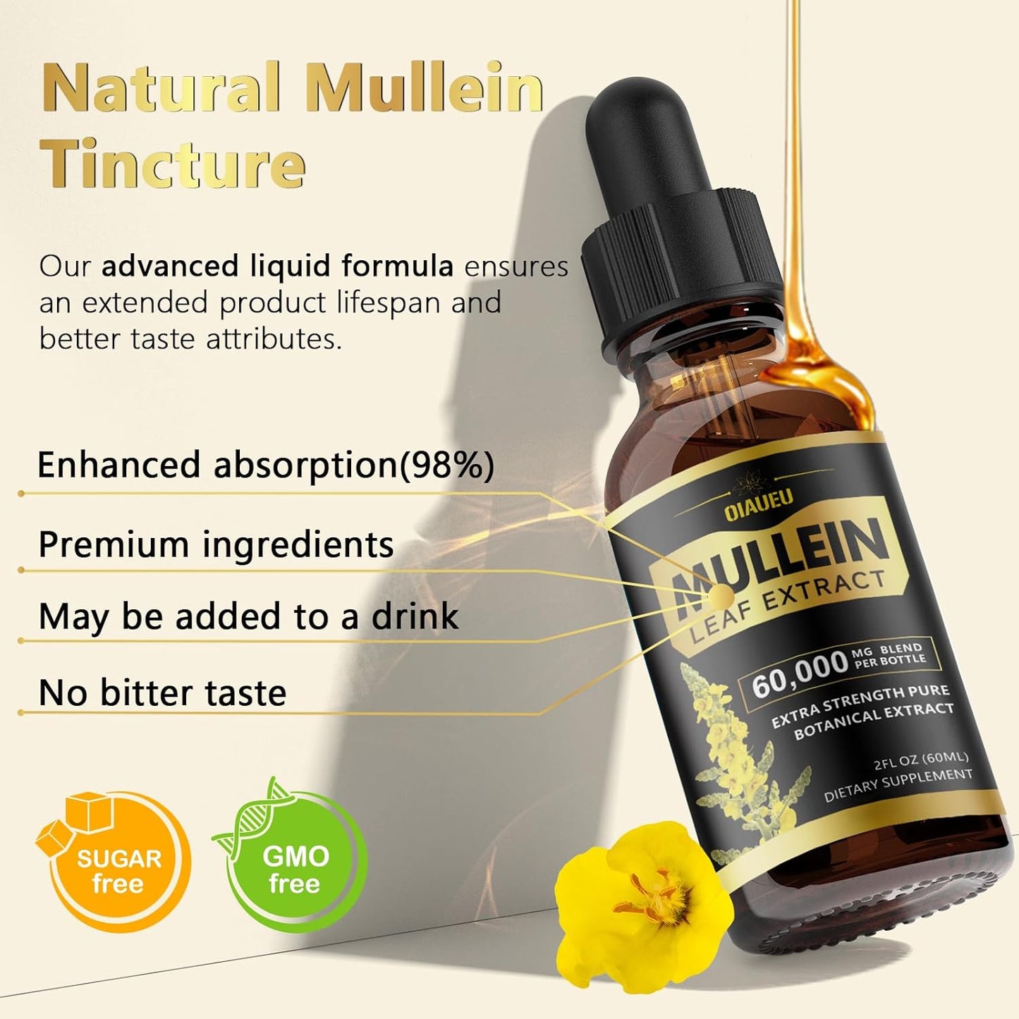 Organic Mullein Leaf Extract Drops for Respiratory Support and Lung Cleanse - 2 fl oz Bottle