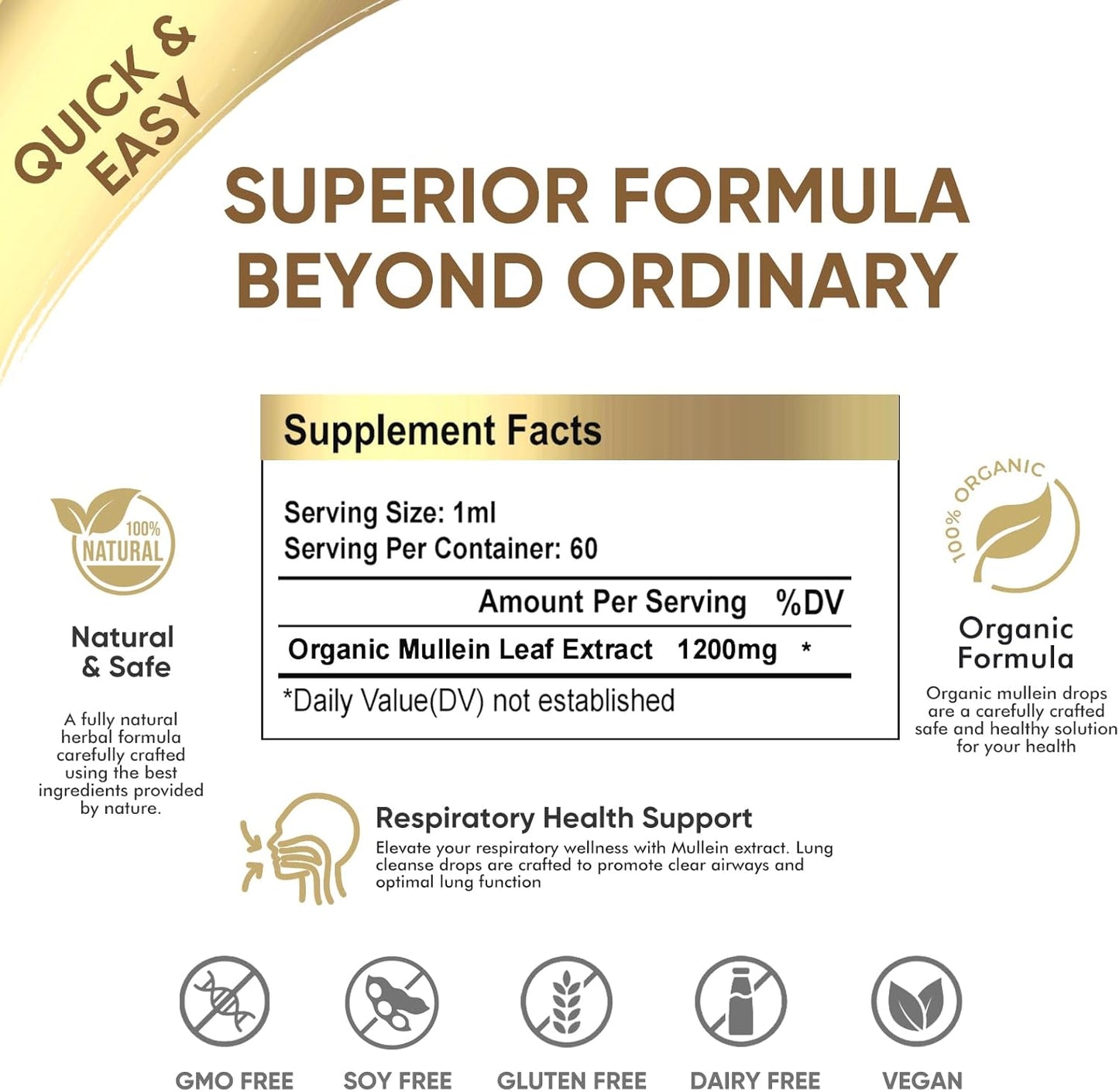 Organic Mullein Leaf Extract Drops for Respiratory Health & Lung Cleanse - 2 Oz, Non-Alcohol & Sugar-Free Formula