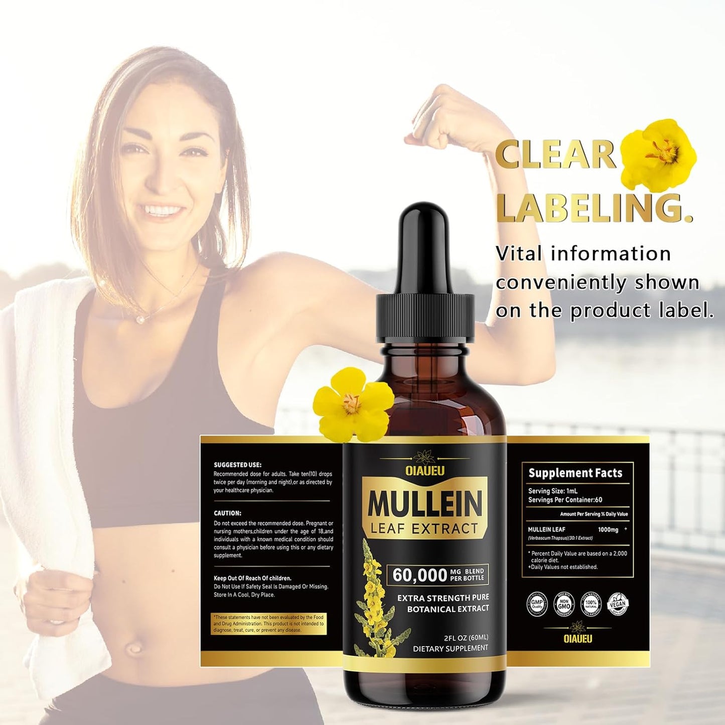 Organic Mullein Leaf Extract Drops for Respiratory Support and Lung Cleanse - 2 fl oz Bottle