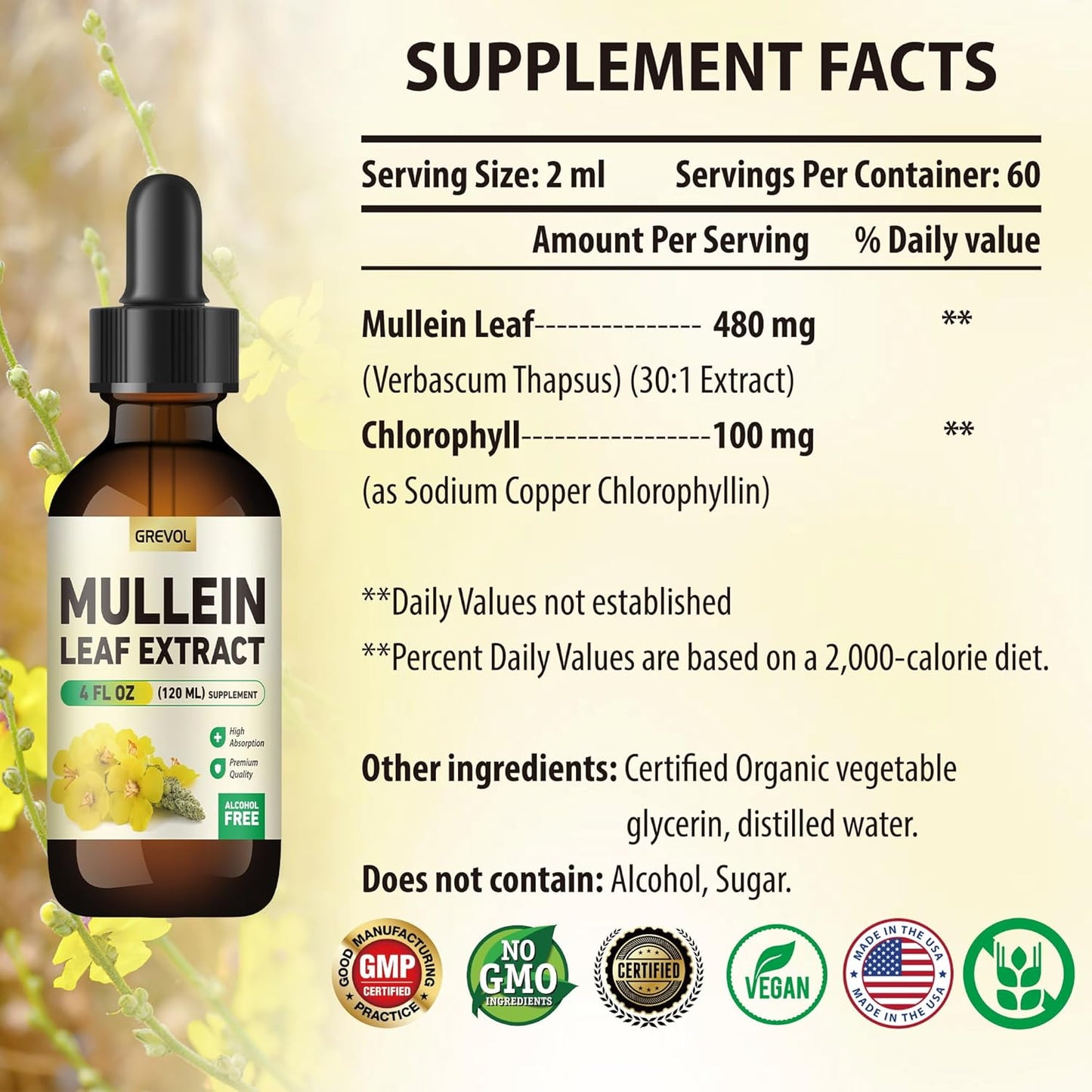 Organic Mullein Leaf Extract Drops with Chlorophyll for Respiratory & Immune Support - Non-GMO Vegan Tincture (4 Fl Oz)