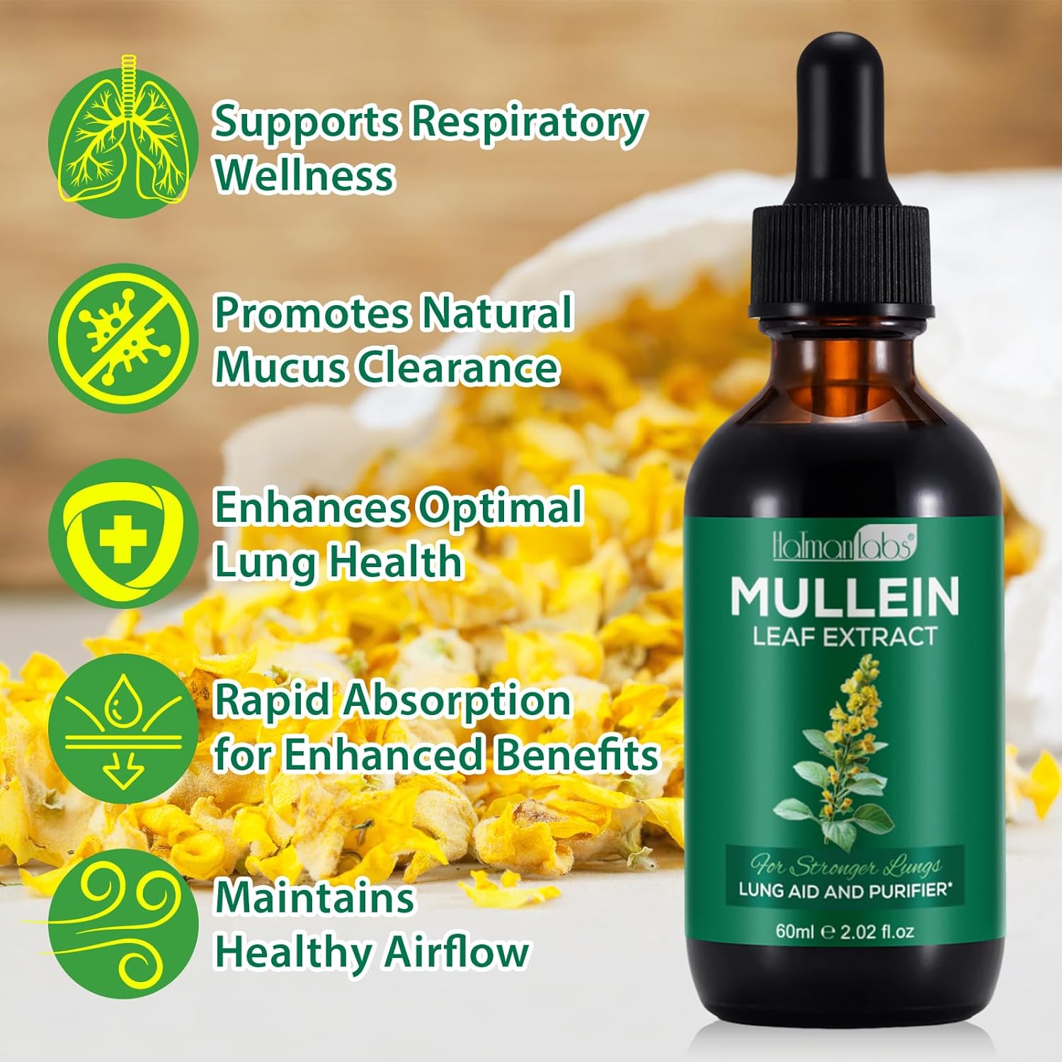 Organic Mullein Leaf Lung Cleanse Drops - 2.02 Fl.Oz Supplement for Respiratory Health