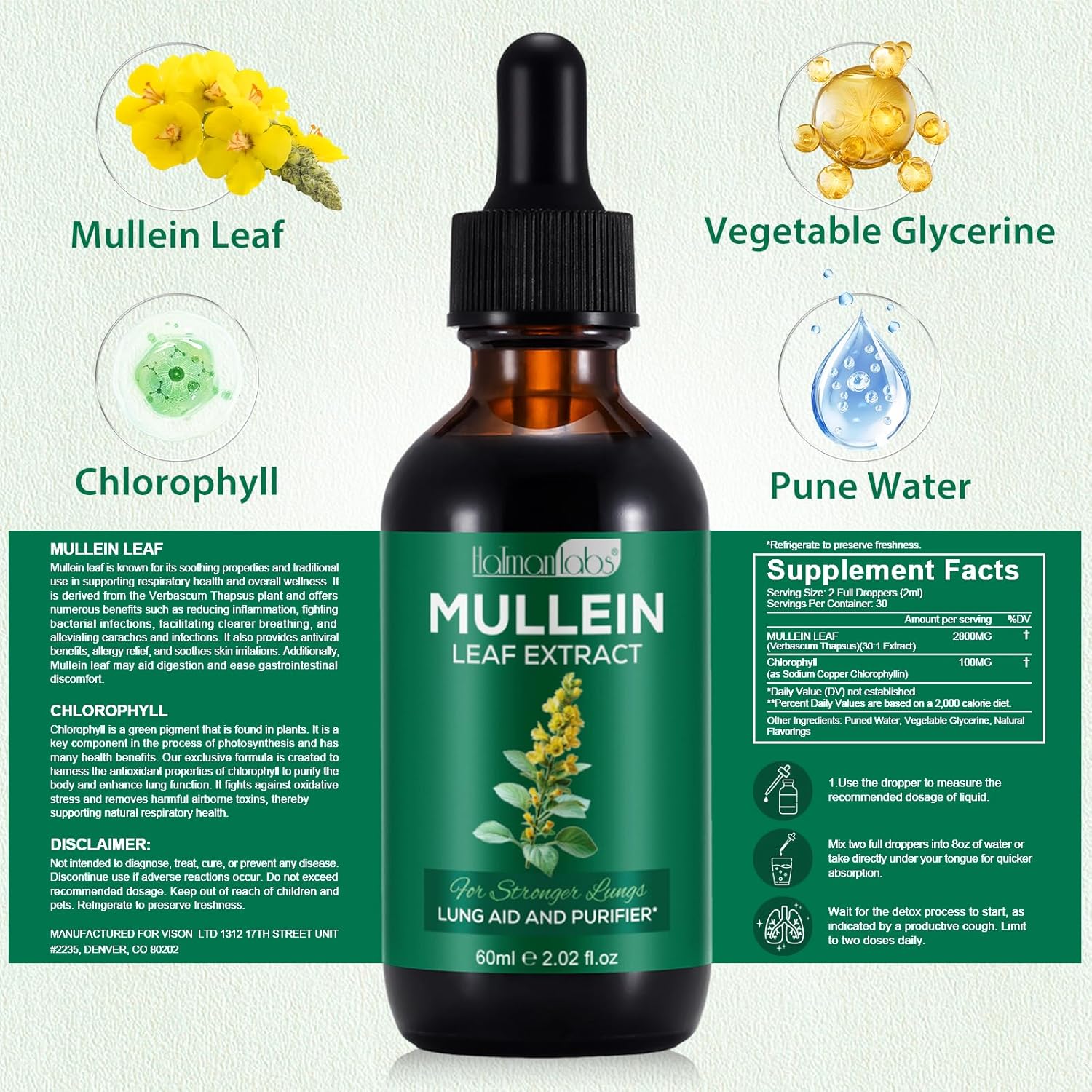 Organic Mullein Leaf Lung Cleanse Drops - 2.02 Fl.Oz Supplement for Respiratory Health