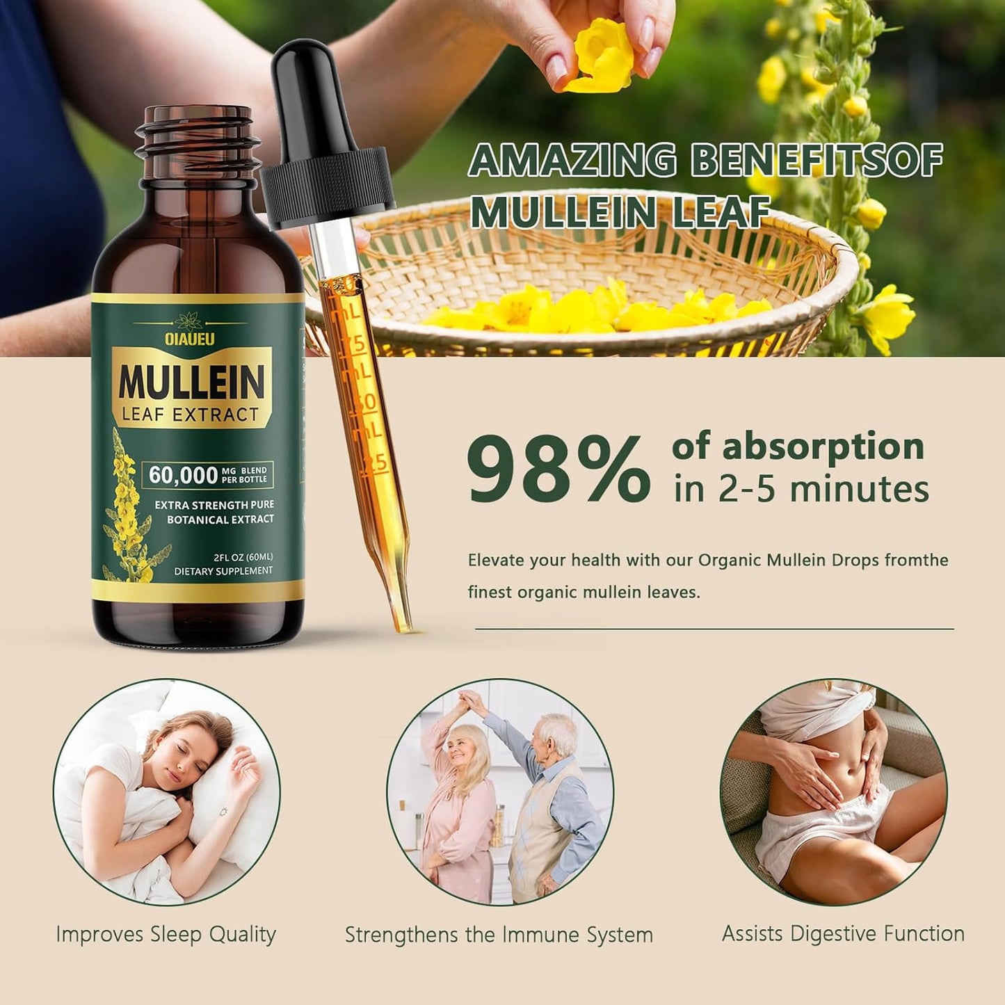 Organic Mullein Leaf Tincture for Lung Cleanse and Respiratory Health - 2 fl oz Vegan Liquid Extract