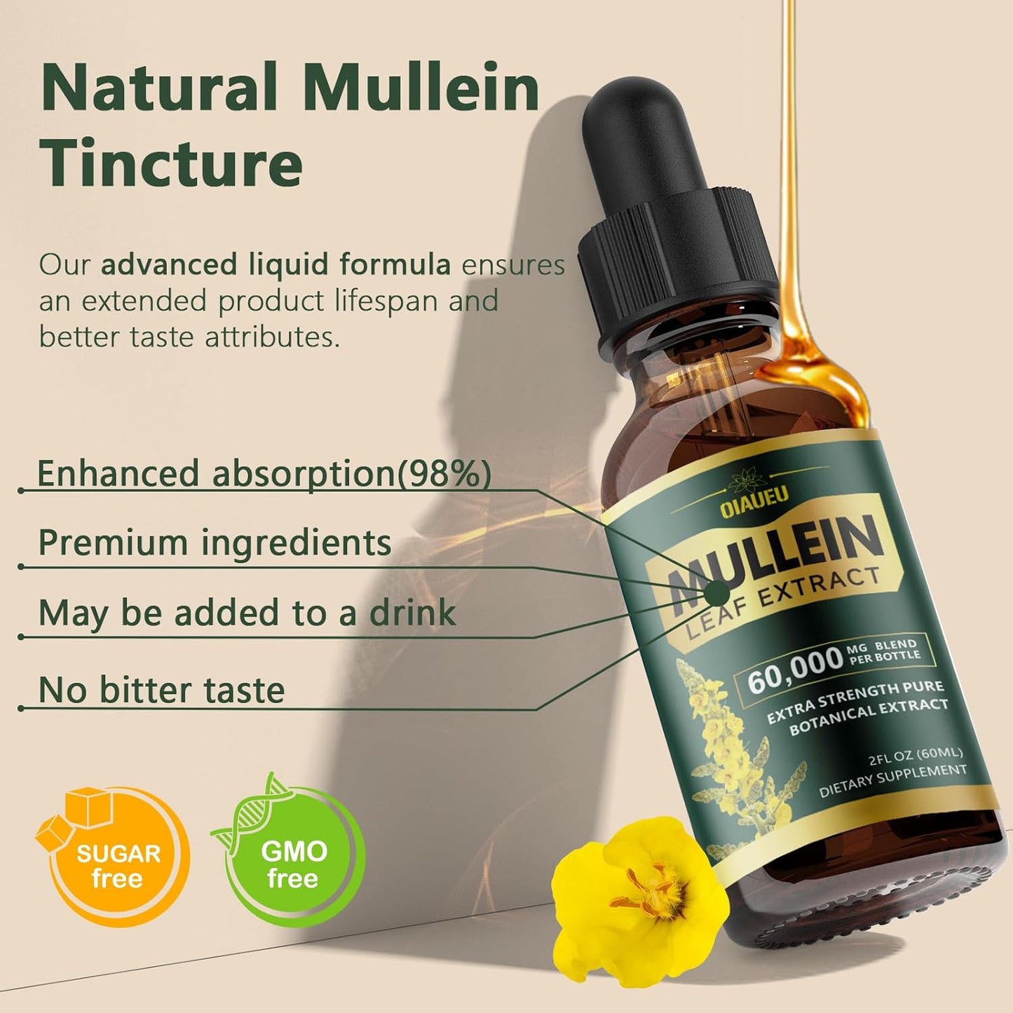 Organic Mullein Leaf Tincture for Lung Cleanse and Respiratory Health - 2 fl oz Vegan Liquid Extract