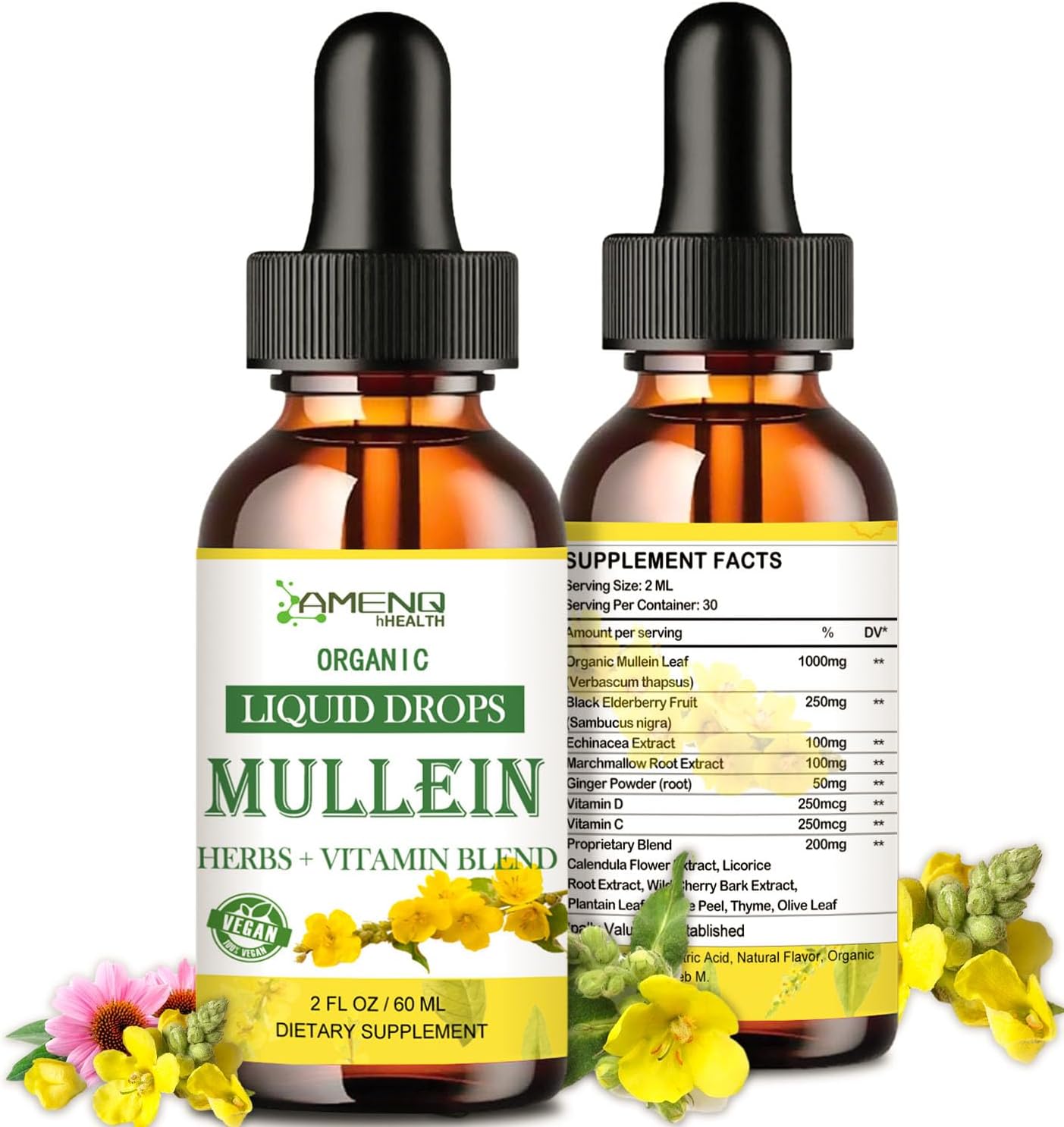 Organic Mullein Lung Drops with Elderberry & Ginger for Lung Health - Alcohol-Free Tincture for Respiratory Support - 2 FL/OZ