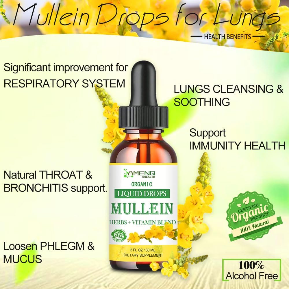 Organic Mullein Lung Drops with Elderberry & Ginger for Lung Health - Alcohol-Free Tincture for Respiratory Support - 2 FL/OZ