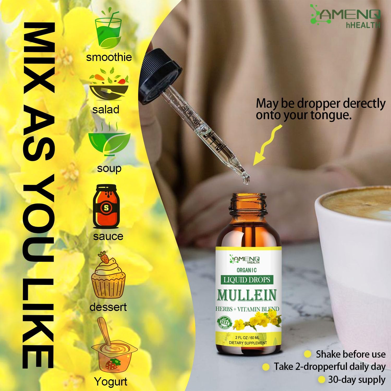 Organic Mullein Lung Drops with Elderberry & Ginger for Lung Health - Alcohol-Free Tincture for Respiratory Support - 2 FL/OZ