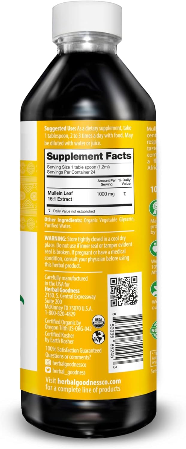 Organic Mullien Leaf Tincture Liquid Extract - Lung & Immune Support - Vegan 12 oz Supplement - Herbal Goodness USA
