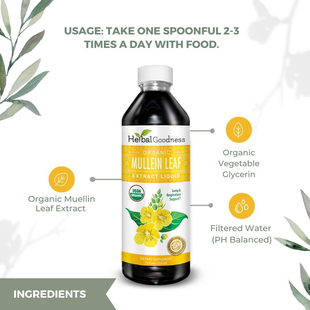 Organic Mullien Leaf Tincture Liquid Extract - Lung & Immune Support - Vegan 12 oz Supplement - Herbal Goodness USA