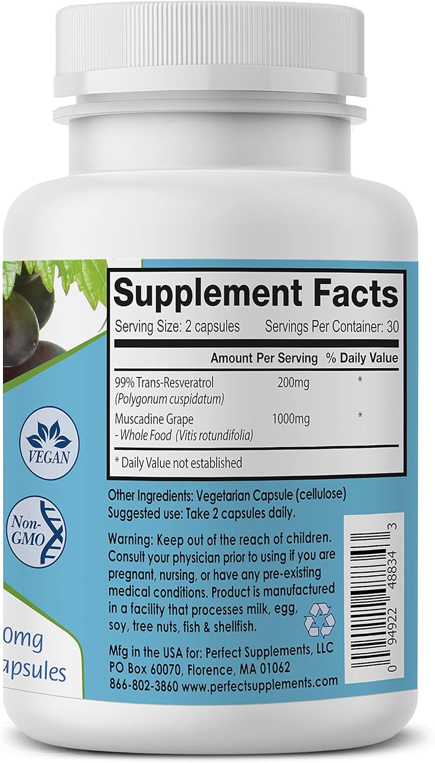 Organic Muscadine Grape Resveratrol Supplement - 60 Veggie Capsules - Trans-Resveratrol Formula by Perfect Supplements