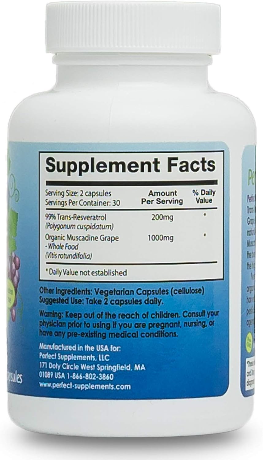 Organic Muscadine Grape Resveratrol Supplement - 60 Veggie Capsules - Trans-Resveratrol Formula by Perfect Supplements