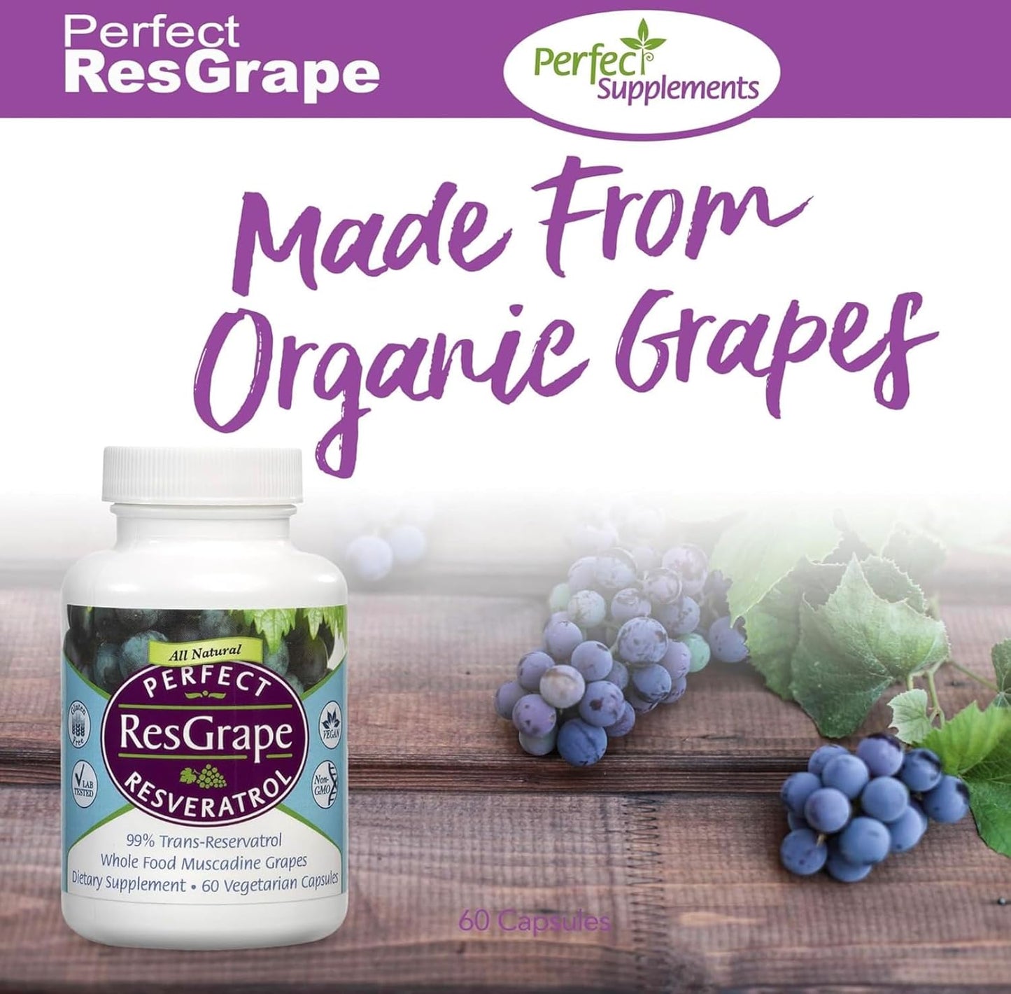 Organic Muscadine Grape Resveratrol Supplement - 60 Veggie Capsules - Trans-Resveratrol Formula by Perfect Supplements