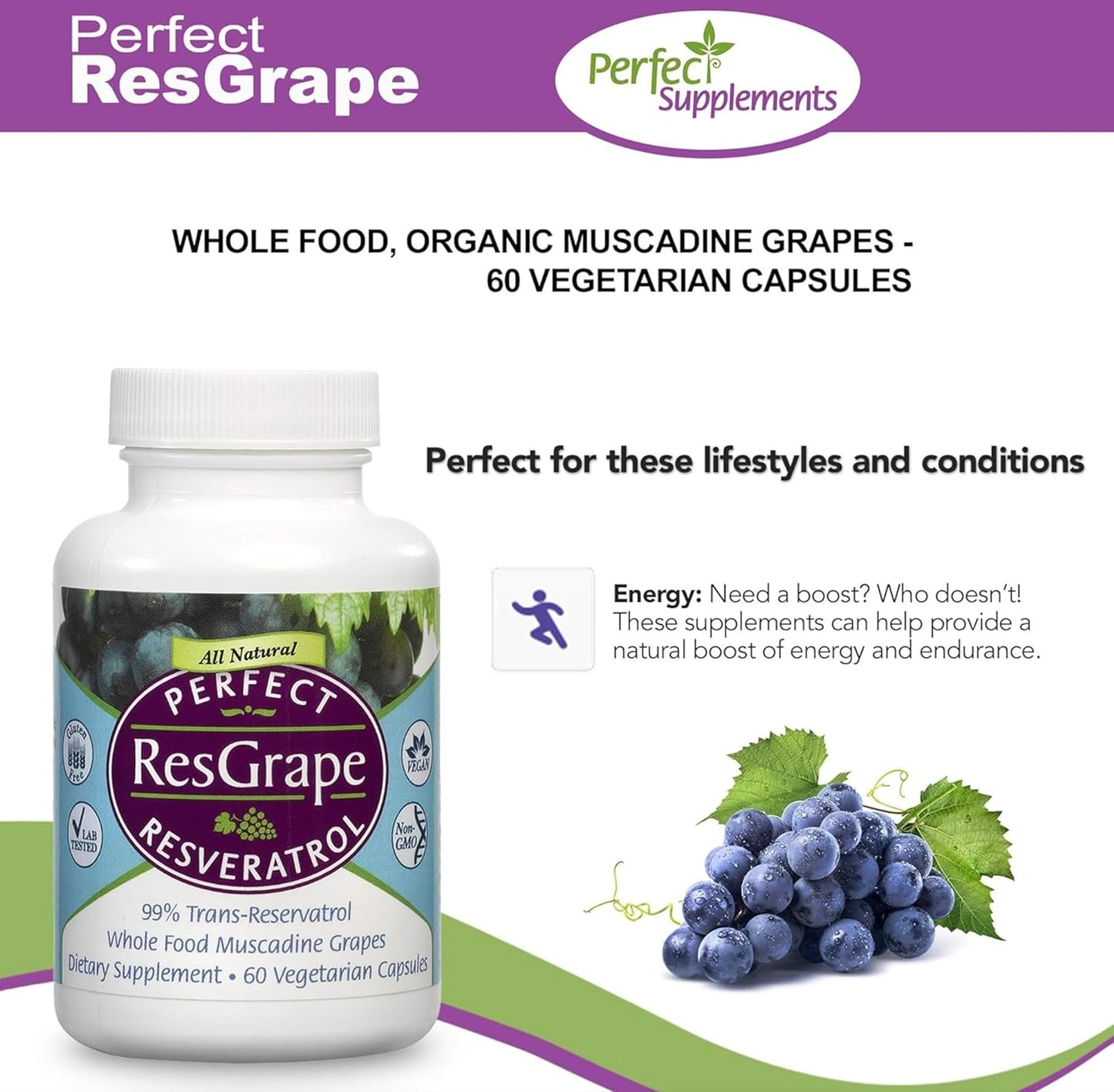 Organic Muscadine Grape Resveratrol Supplement - 60 Veggie Capsules - Trans-Resveratrol Formula by Perfect Supplements