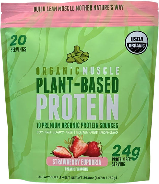 Organic Muscle Vegan Protein Powder - Strawberry Plant Based Protein Blend for Muscle Growth & Recovery - Low Calorie Organic Protein Powder