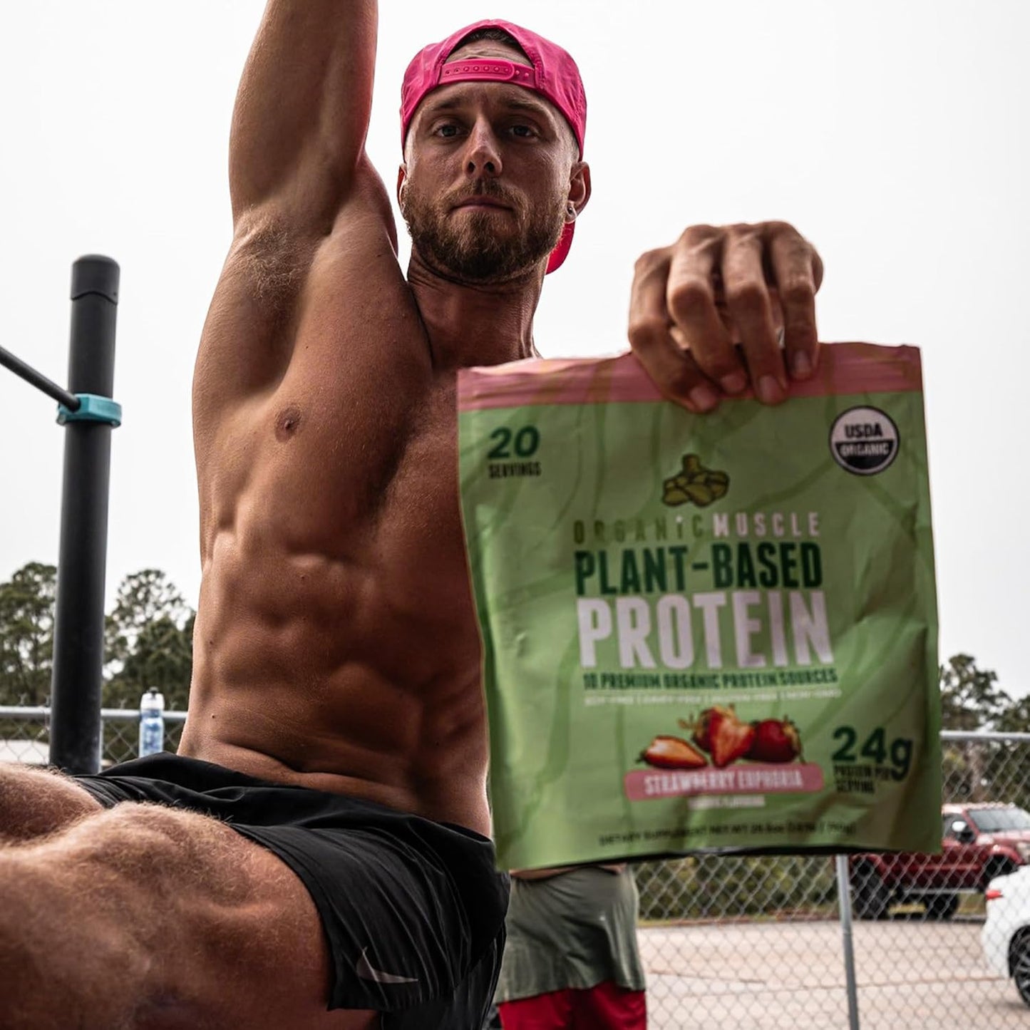 Organic Muscle Vegan Protein Powder - Strawberry Plant Based Protein Blend for Muscle Growth & Recovery - Low Calorie Organic Protein Powder