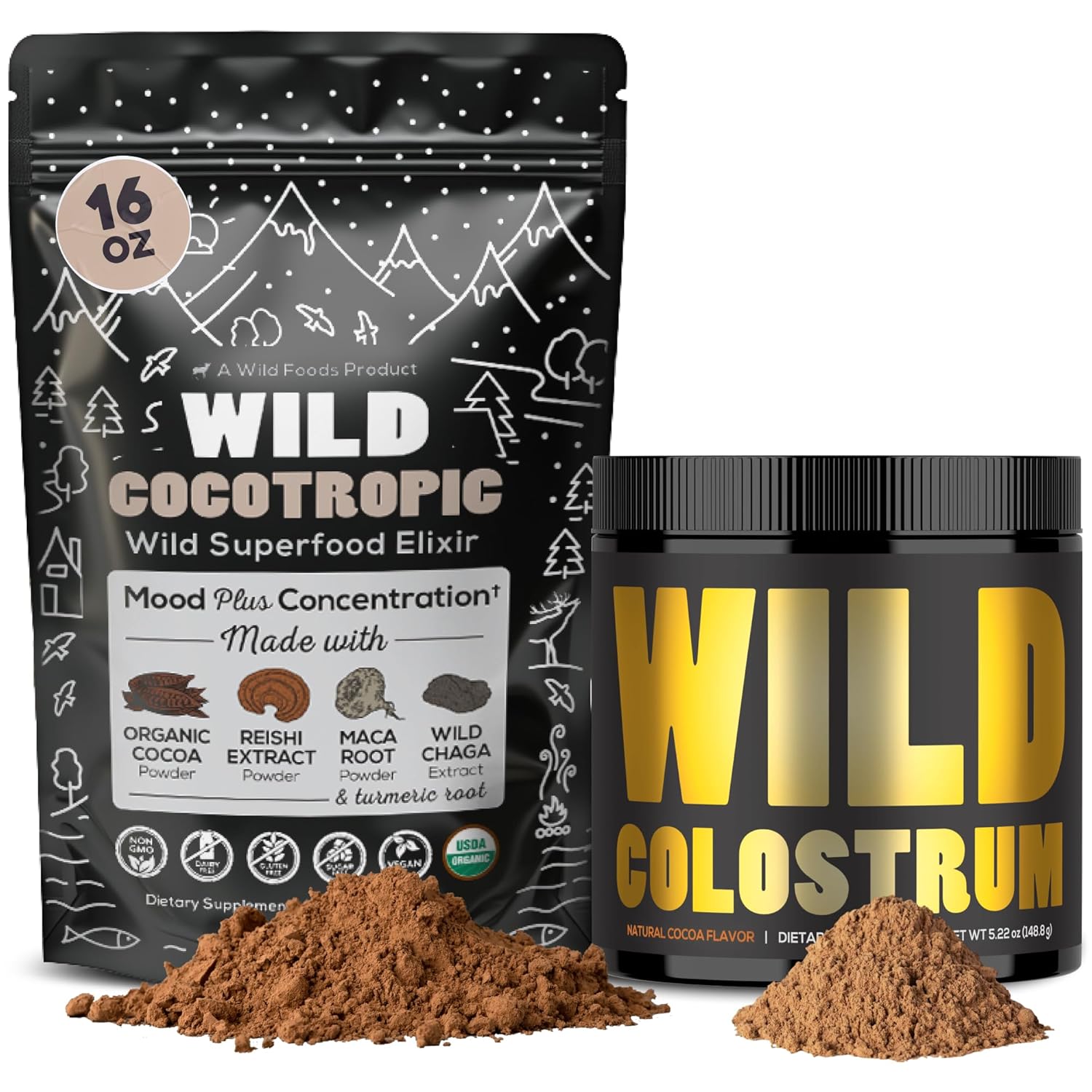 Organic Mushroom Cacao and Colostrum Powder Bundle for Gut Health and Energy Boost (21.22oz)