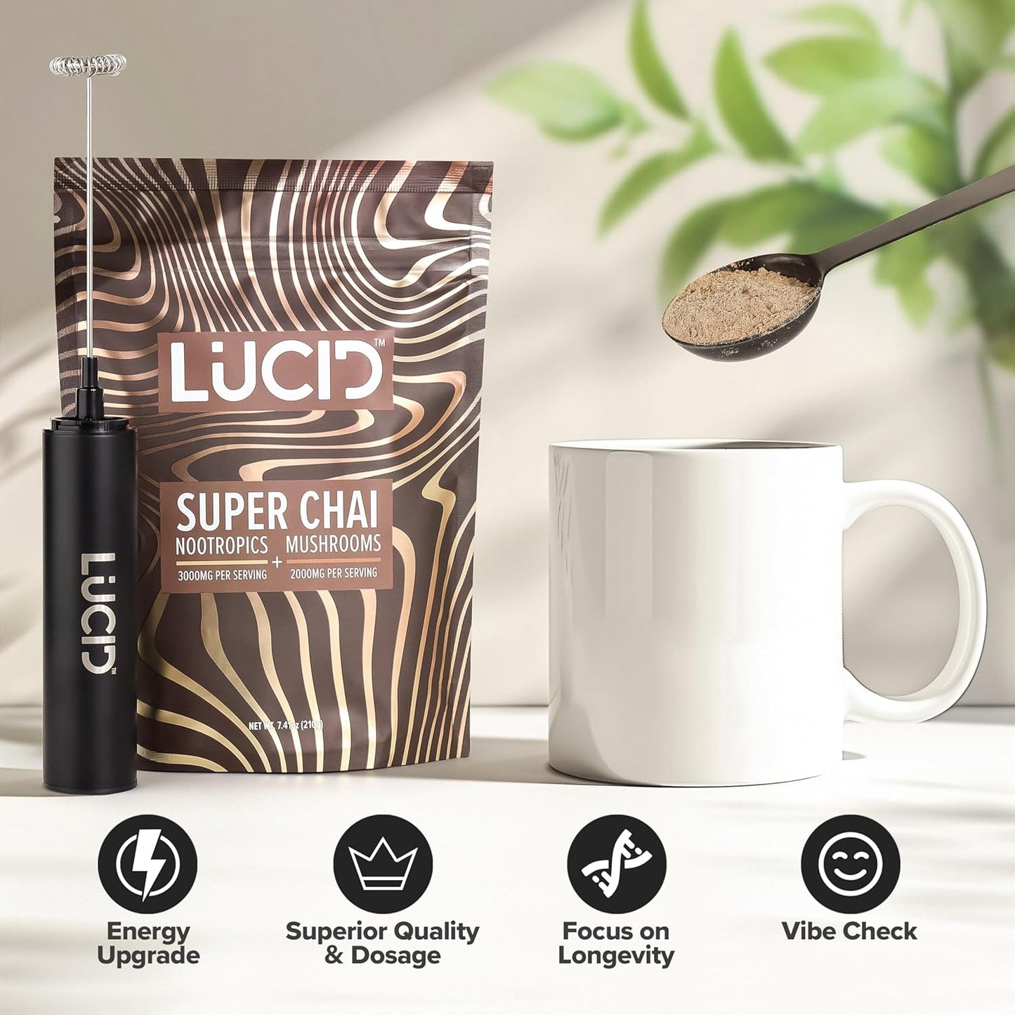 Organic Mushroom Chai with Nootropics for Brain Health - Lion's Mane, Tremella, Cordyceps, Turkey Tail - Instant Focus Blend with Alpha GPC, L-Theanine, Ginko Biloba - USA-Made