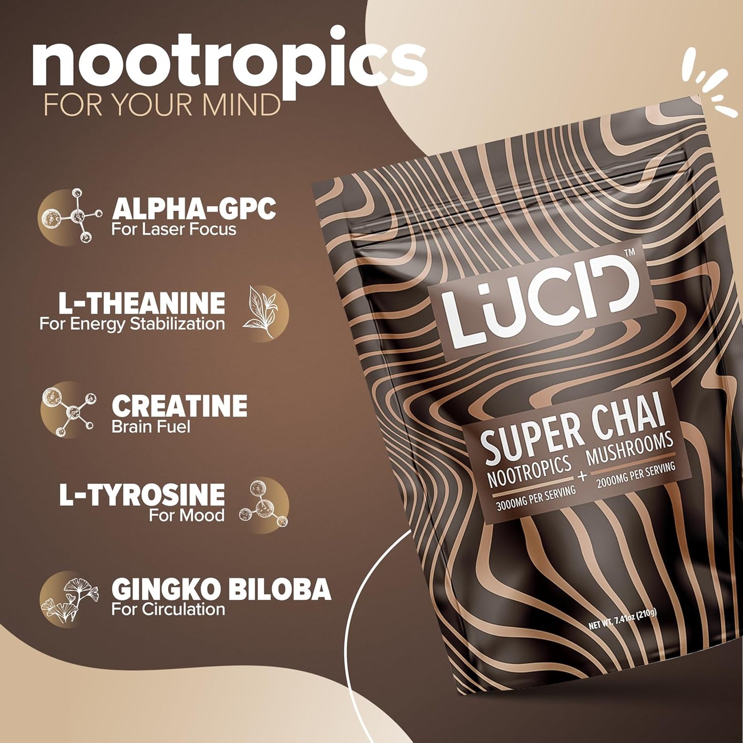 Organic Mushroom Chai with Nootropics for Brain Health - Lion's Mane, Tremella, Cordyceps, Turkey Tail - Instant Focus Blend with Alpha GPC, L-Theanine, Ginko Biloba - USA-Made