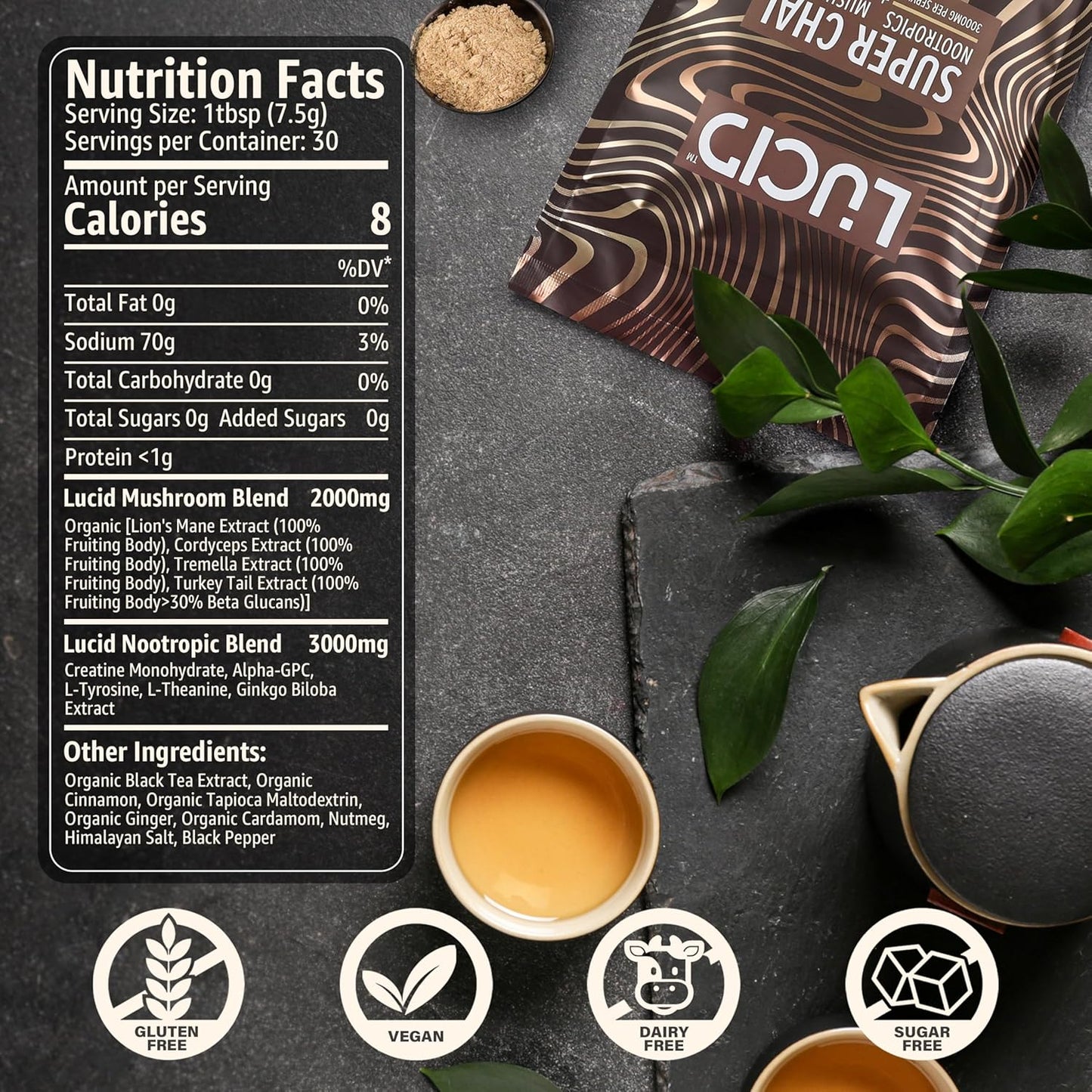 Organic Mushroom Chai with Nootropics for Brain Health - Lion's Mane, Tremella, Cordyceps, Turkey Tail - Instant Focus Blend with Alpha GPC, L-Theanine, Ginko Biloba - USA-Made