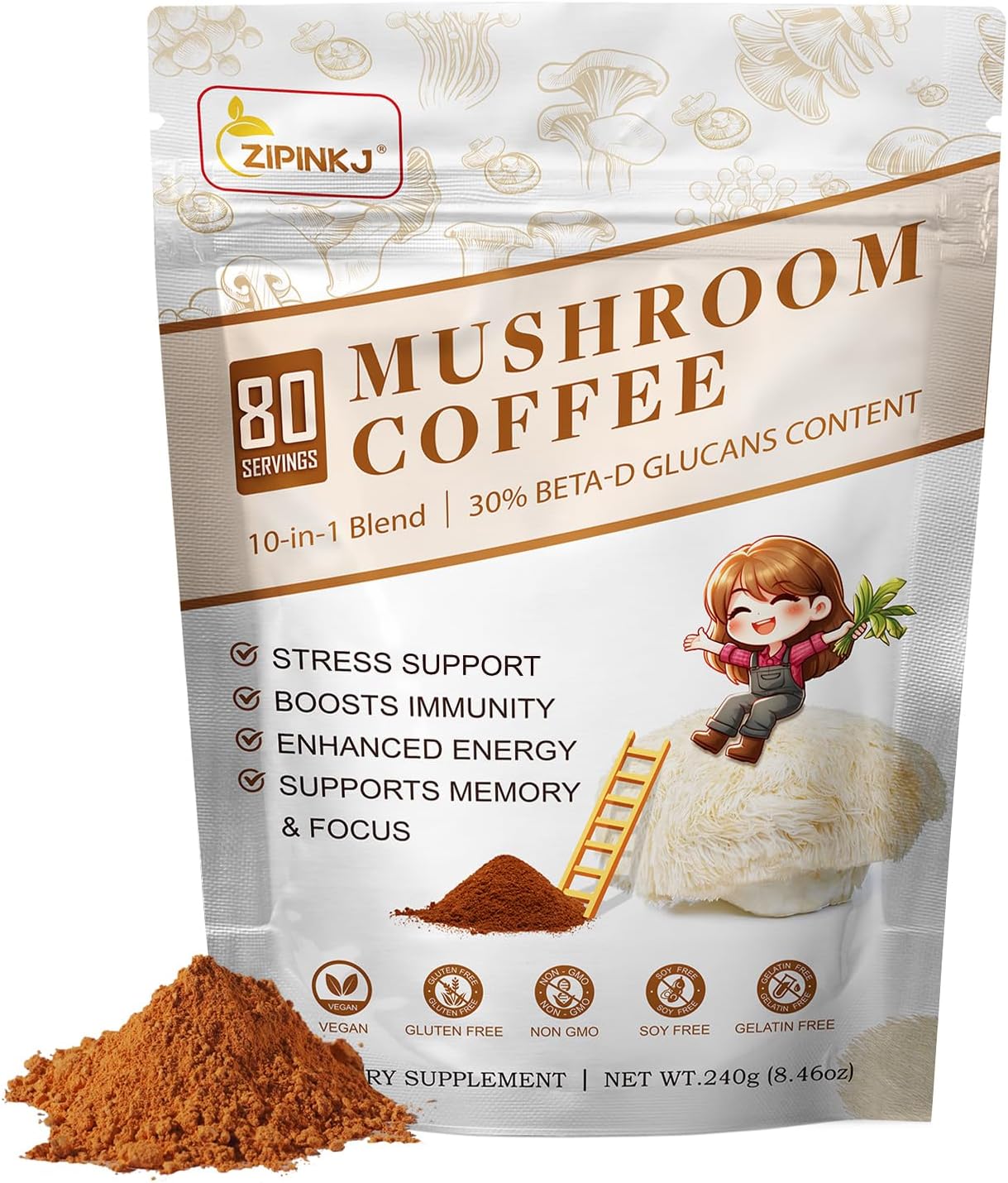 Organic Mushroom Coffee Powder (80 Servings) with Lion's Mane, Cordyceps, Reishi, Chaga - Natural Ingredients for Focus, Immunity, and Gut Health