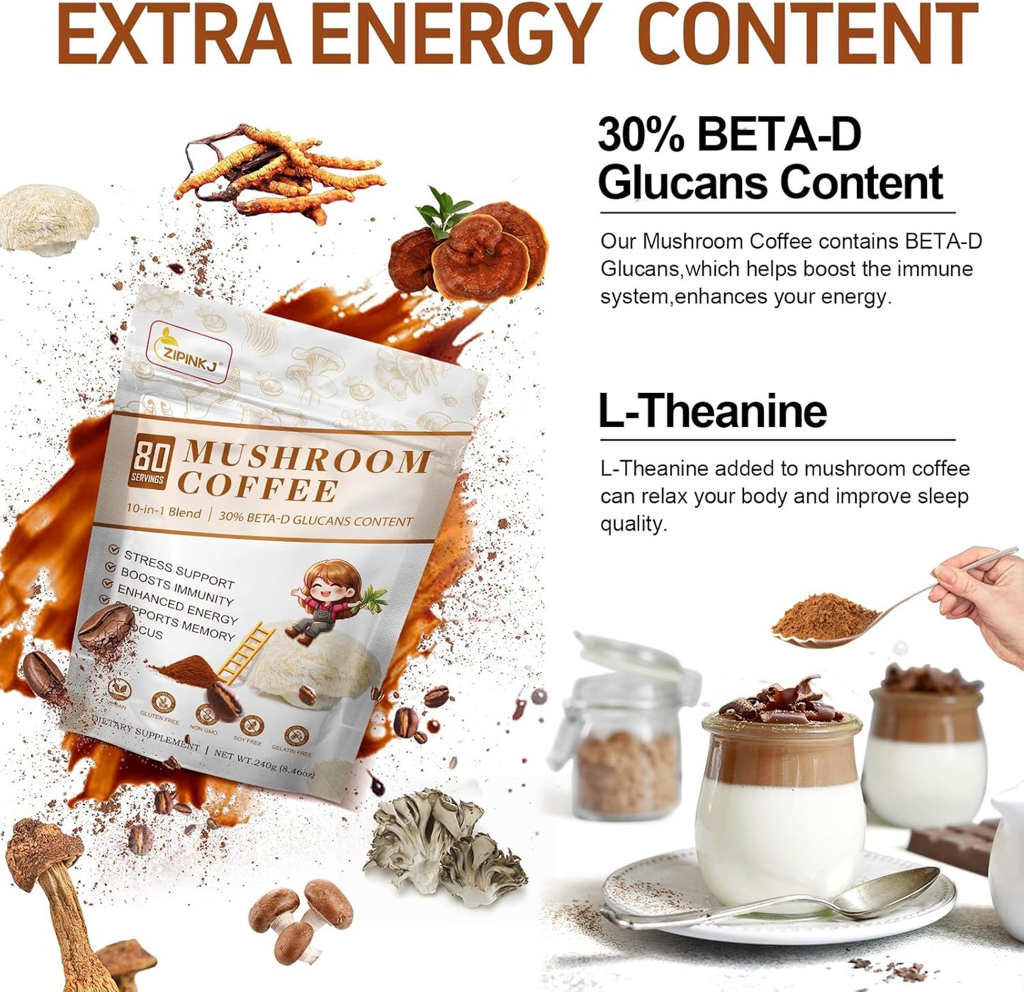 Organic Mushroom Coffee Powder (80 Servings) with Lion's Mane, Cordyceps, Reishi, Chaga - Natural Ingredients for Focus, Immunity, and Gut Health