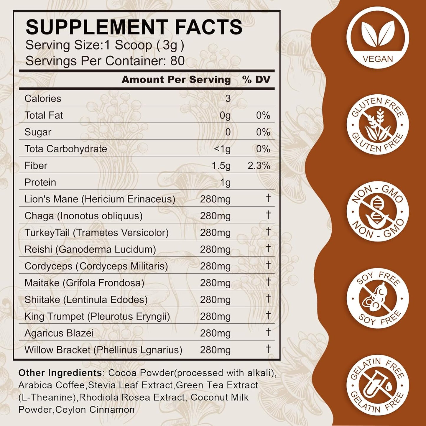 Organic Mushroom Coffee Powder (80 Servings) with Lion's Mane, Cordyceps, Reishi, Chaga - Natural Ingredients for Focus, Immunity, and Gut Health